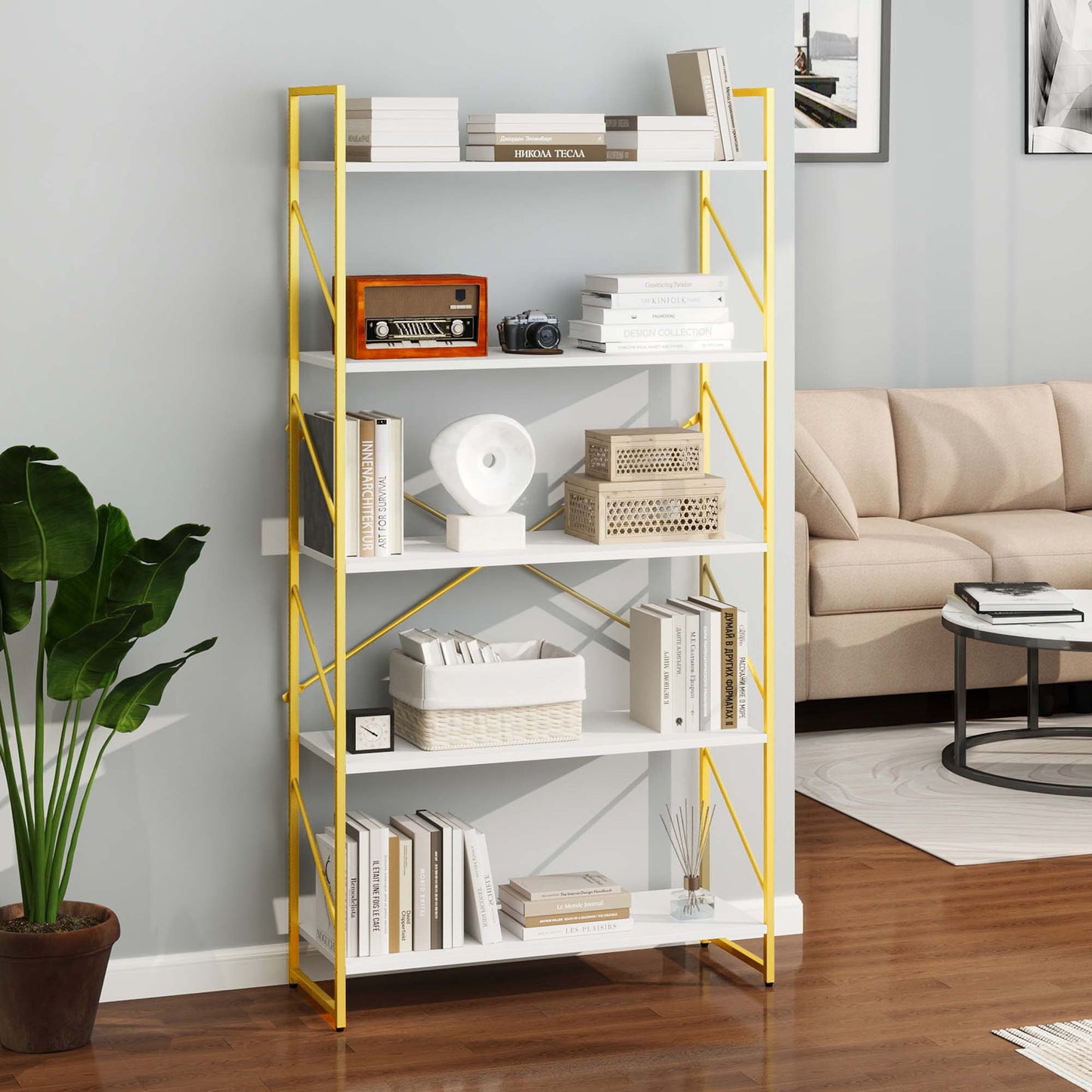 Dextrus 5-Tier Bookshelf, Gold Bookcase, Industrial Freestanding Book Shelf Modern Open Display Storage Organizer Book Shelves for Bedroom, Living Room and Home Office, Gold and White