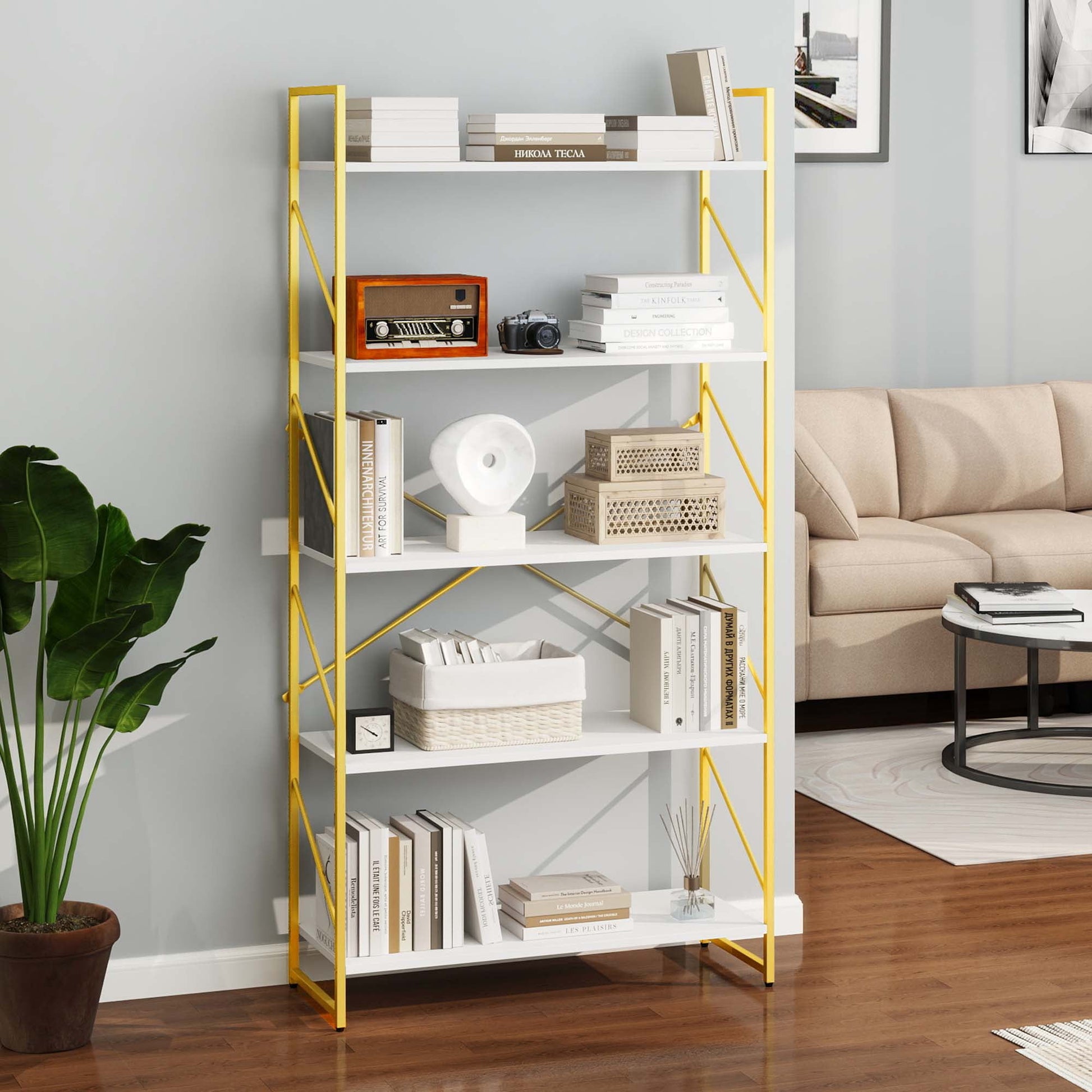 Dextrus 5-Tier Bookshelf, Gold Bookcase, Industrial Freestanding Book Shelf Modern Open Display Storage Organizer Book Shelves for Bedroom, Living Room and Home Office, Gold and White