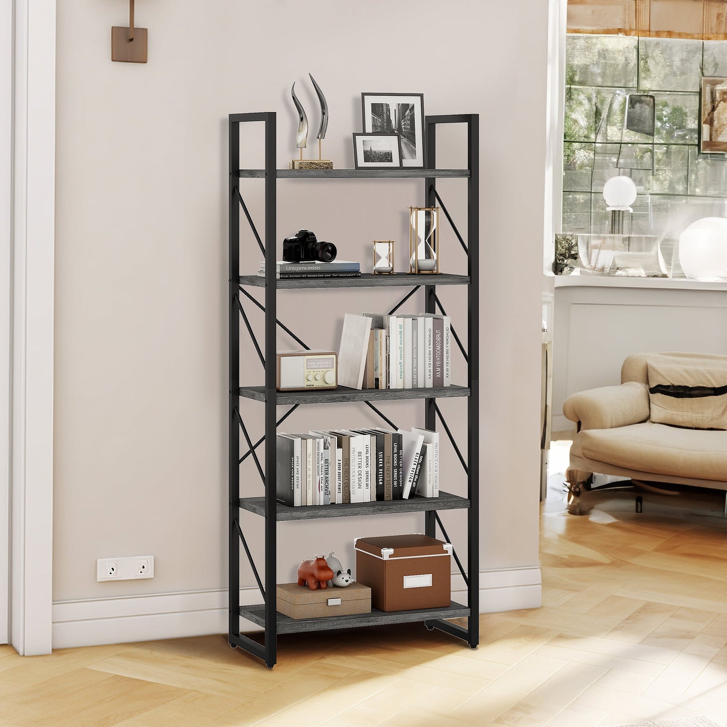 Dextrus 5-Tier Bookshelf, Ladder Bookcase, Industrial Freestanding Book Shelf Modern Open Display Storage Organizer Book Shelves for Bedroom, Living Room and Home Office, Gray