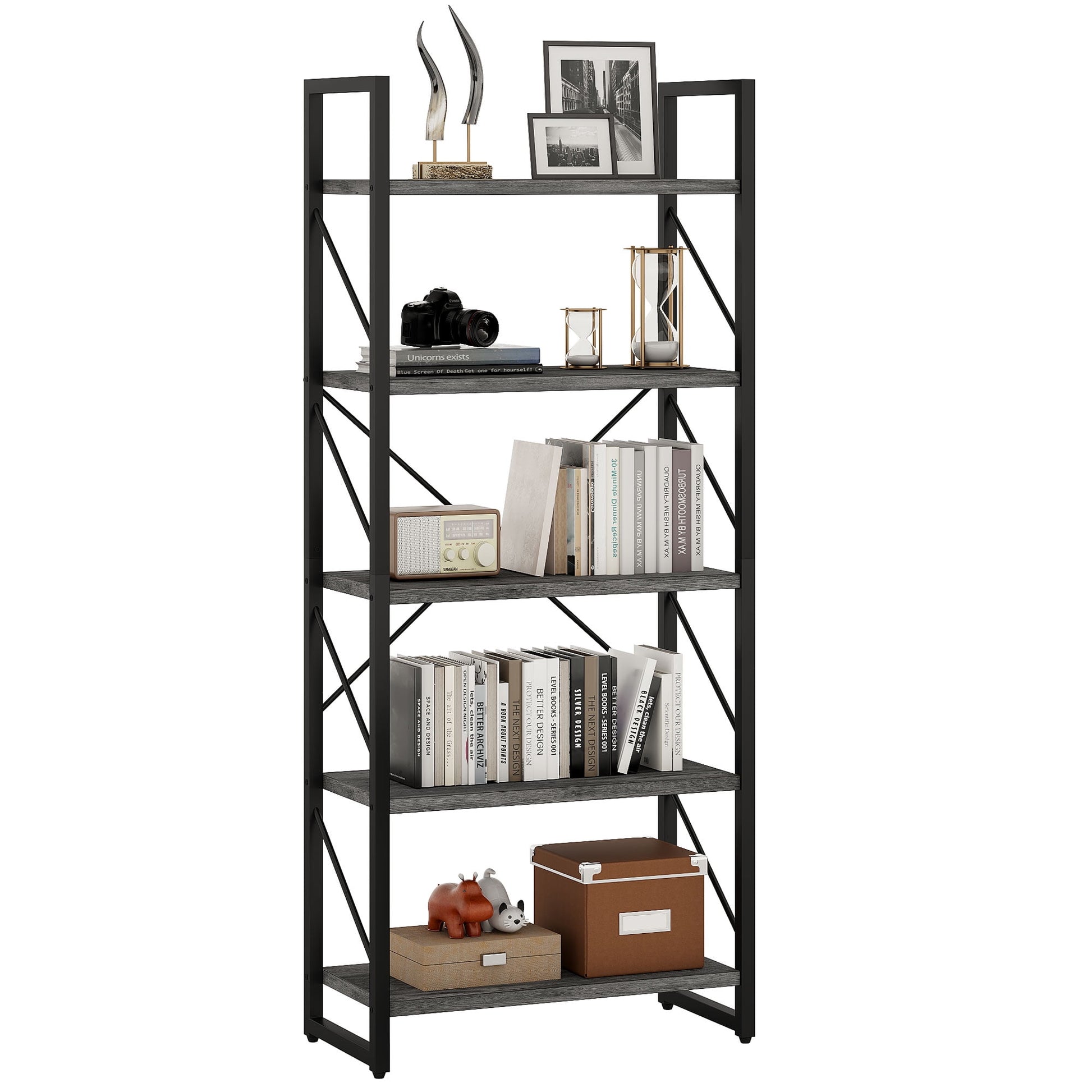 Dextrus 5-Tier Industrial Ladder Freestanding Bookcase with Open Storage Shelves, Gray & Black
