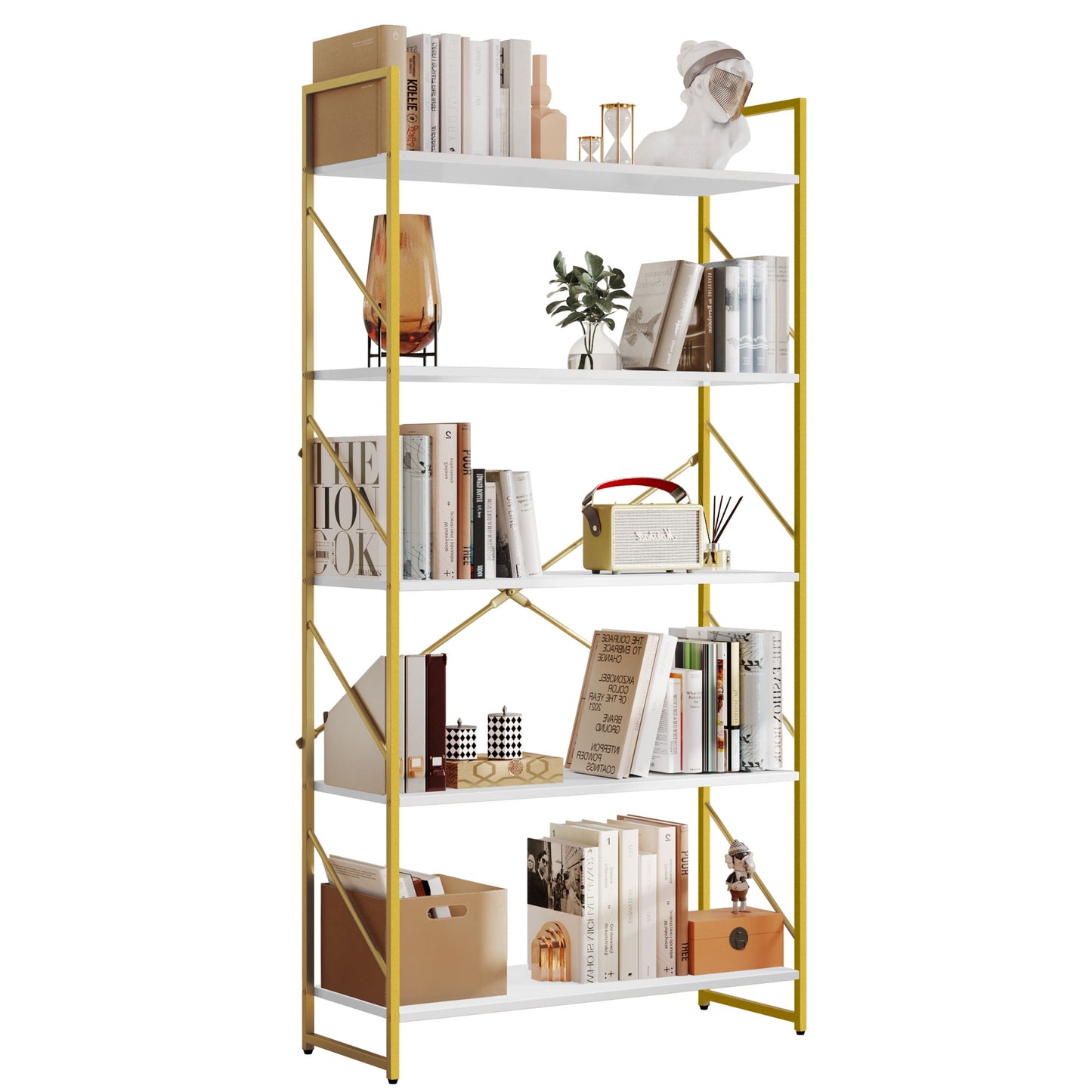 Dextrus 5-Tier Modern Open Display Bookcase for Living Room, Bedroom, or Office, White & Gold