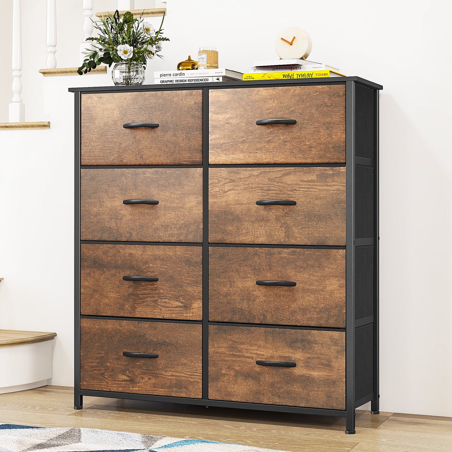 DEXTRUS 8-Drawer Fabric Dresser, Modern Storage Tower for Adults & Teens, Charcoal Black Wood Grain