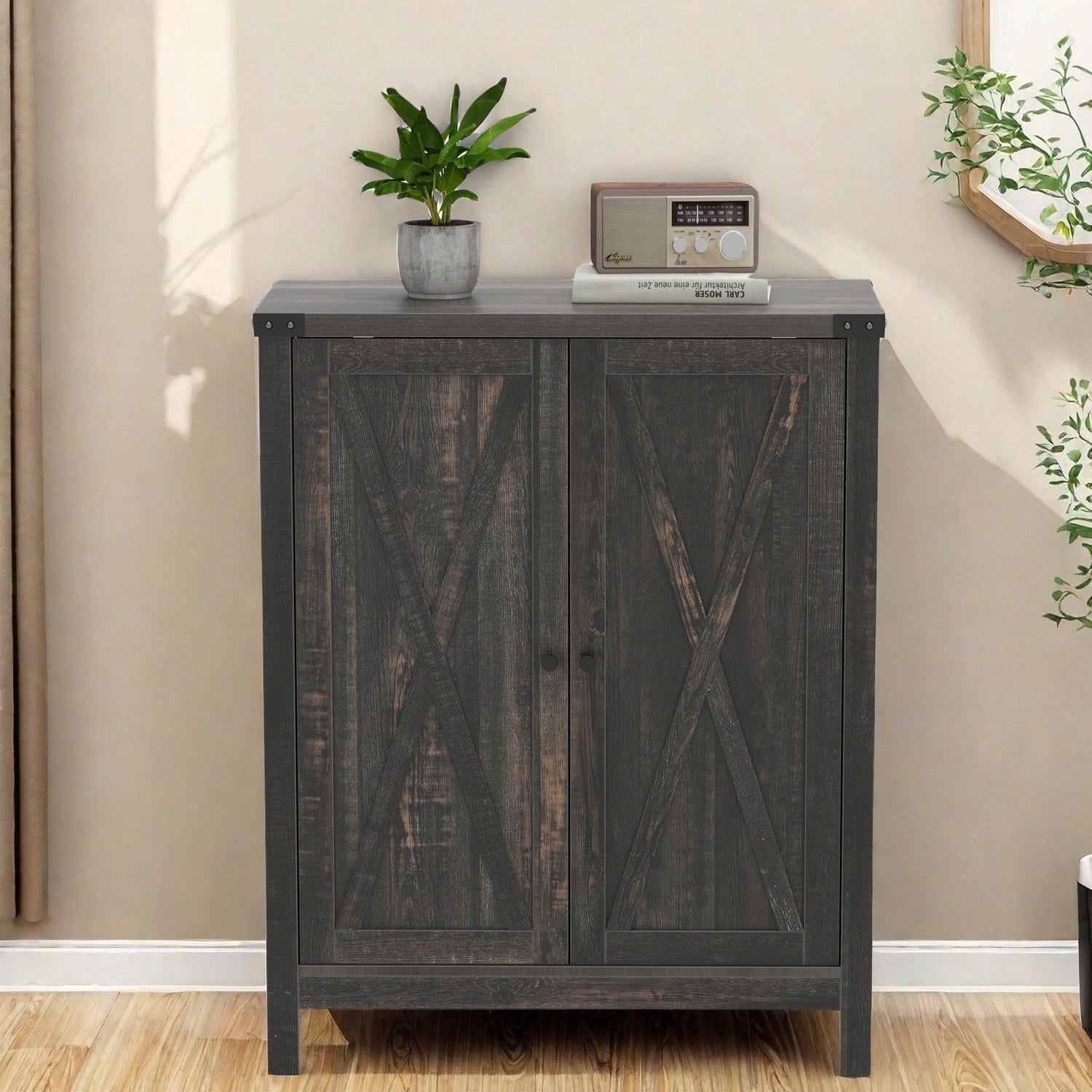Dextrus Farmhouse 5-Tier Shoe Cabinet Storage Organizer with Barn Doors, Dark Rustic Oak