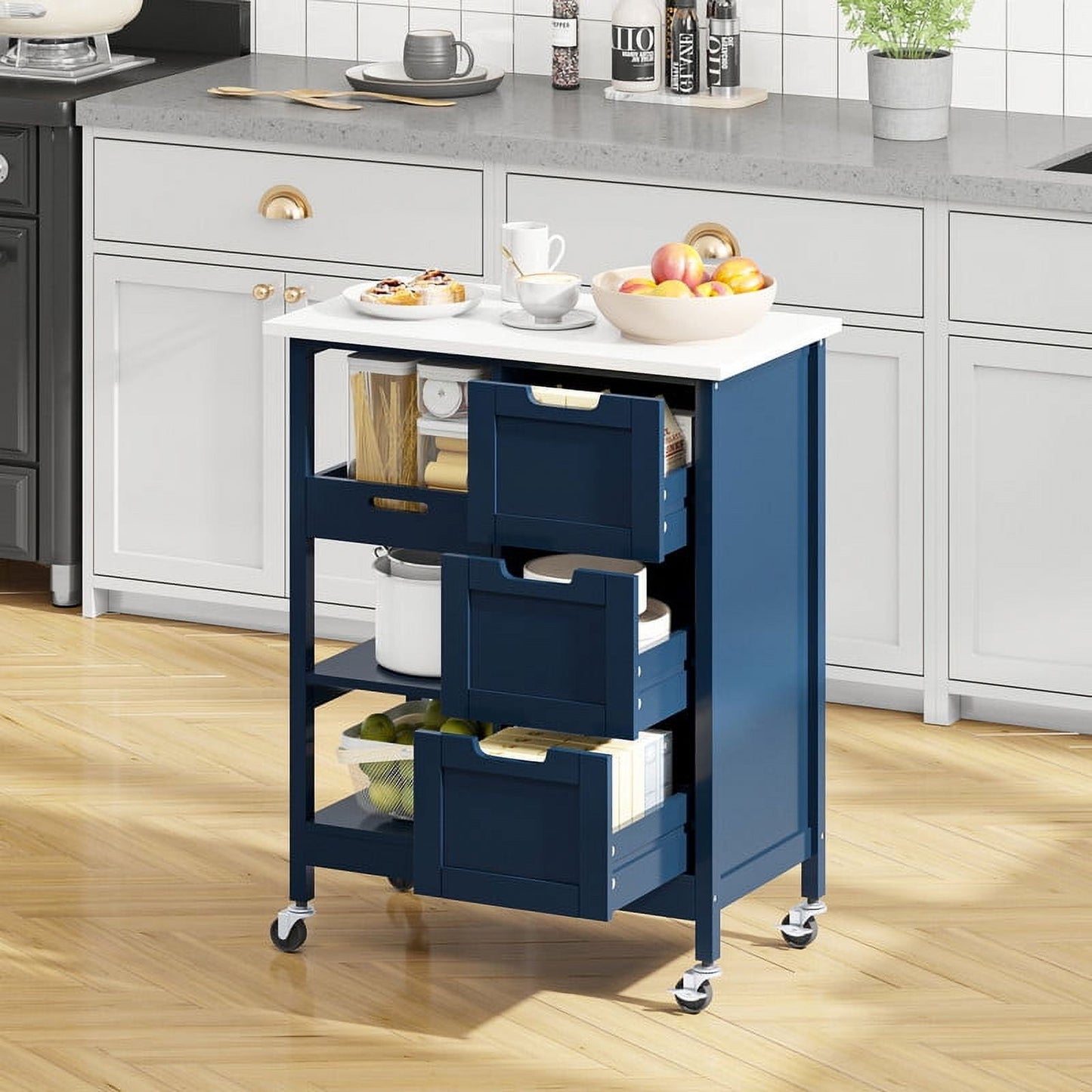 Dextrus Kitchen Island Cart, 26.4"L Kitchen Storage Cart with Shelves & Drawers, Blue