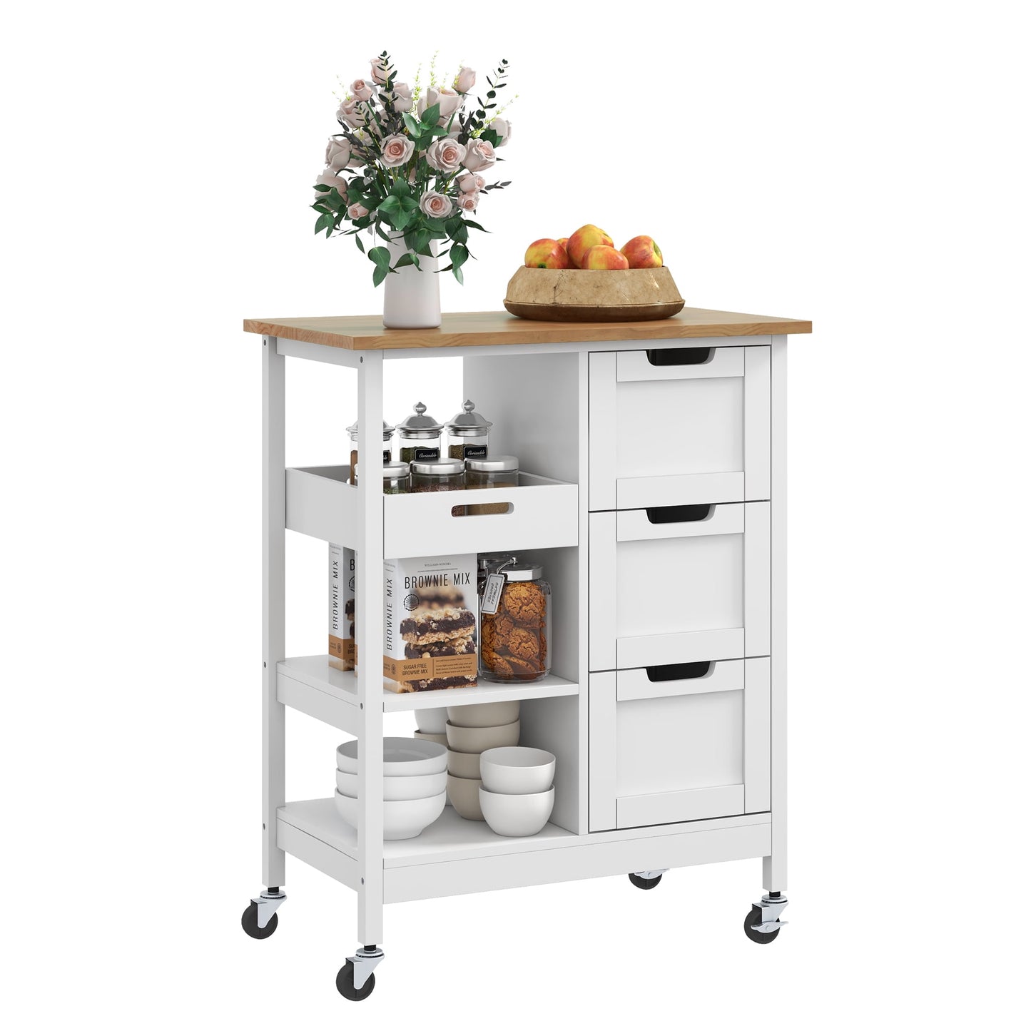 Dextrus Rolling Kitchen Island with Drawers, 3-Tier Kitchen Storage Cart with Shelves, Black