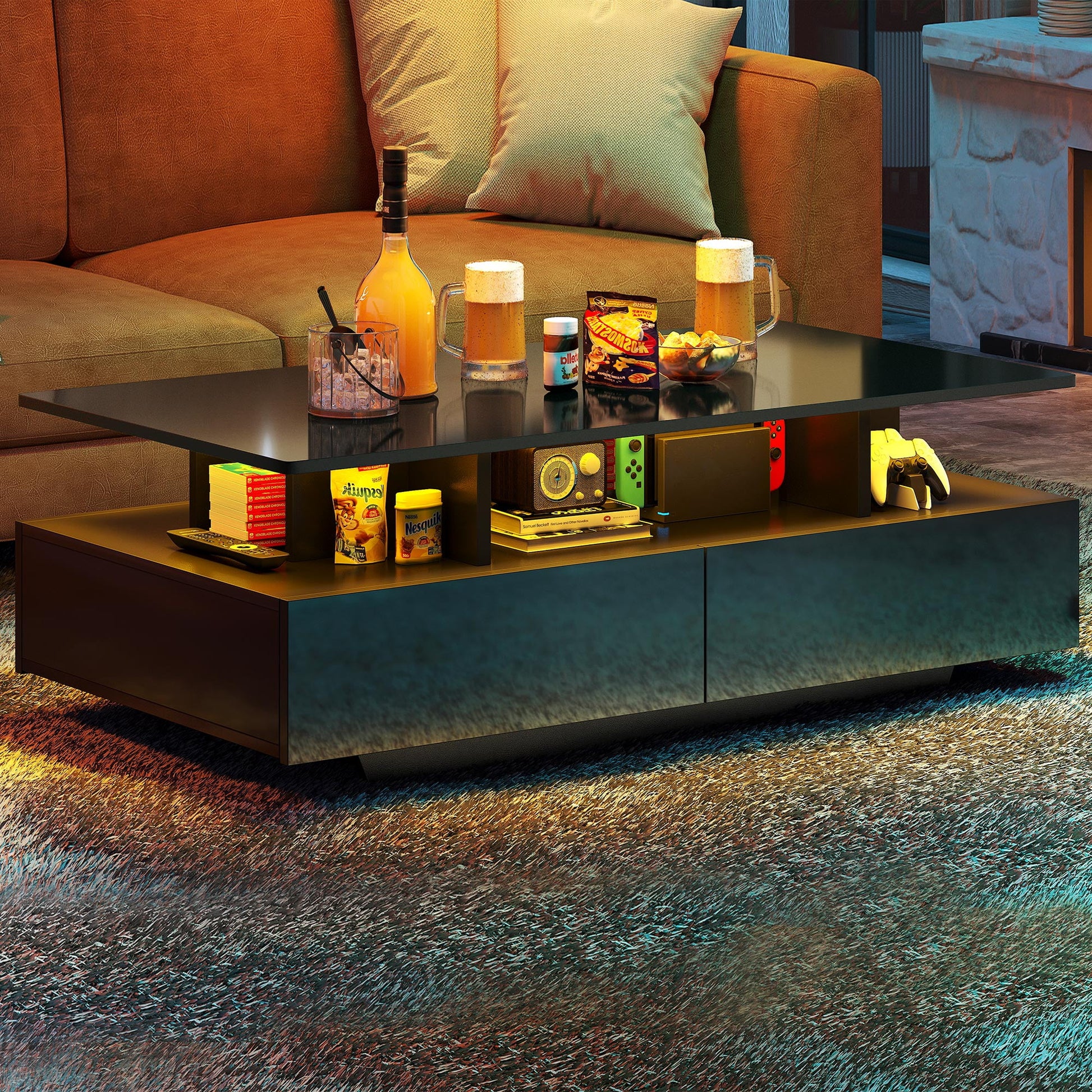 Dextrus Modern Coffee Table with Storage, High Glossy LED Center Tables for Living Room, Black