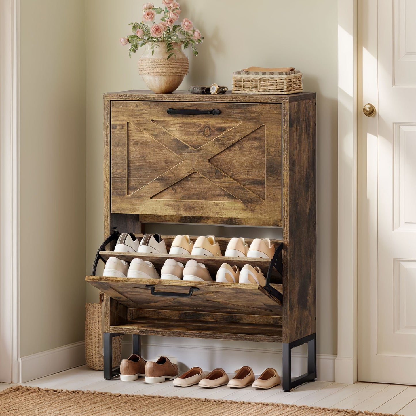 Dextrus Shoe Storage Cabinet with 2 Flip Drawers, Farmhouse Wood Shoe Cabinet, Freestanding Narrow Shoe Rack Organizer with Metal Legs for Entryway, Hallway,Brown
