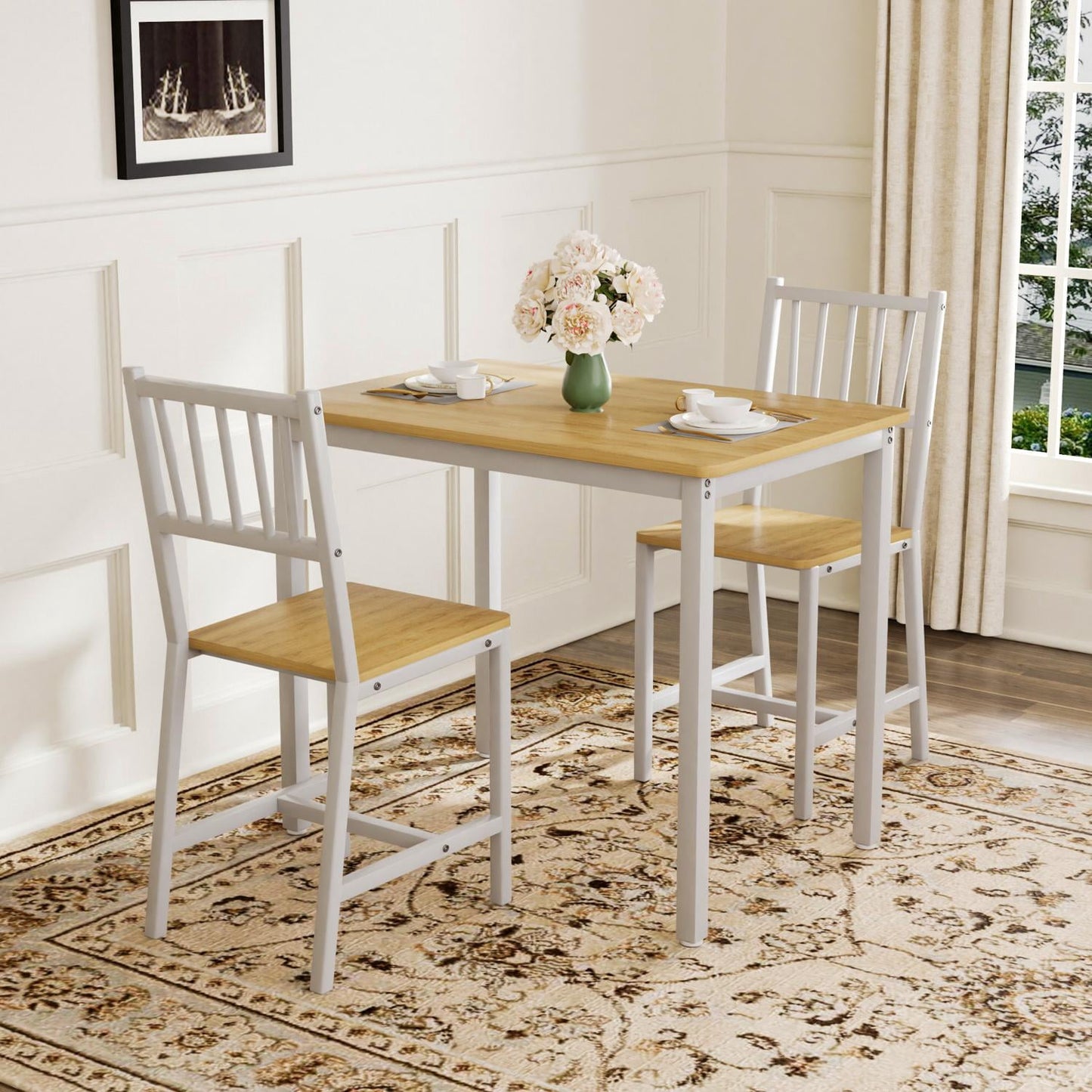 Dining Table Set for 4, Bar Table with 2 Benches, Industrial Kitchen Counter Set, Particle Board with Melamine Veneer, Steel Frame, for Kitchen Breakfast Living Room, Natural and White