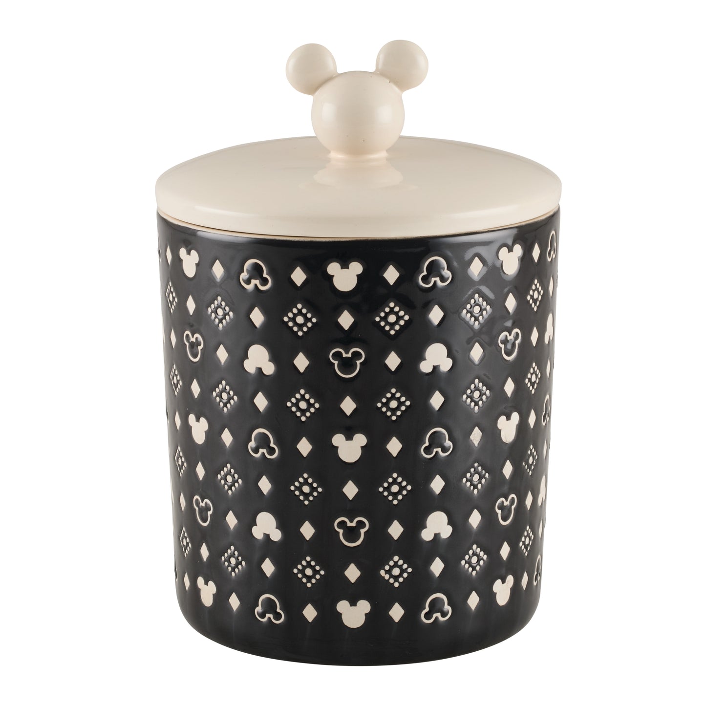 Disney Home Monochrome 12.8 Cup Extra Large Ceramic Canister and Lid with a geometric pattern featuring Mickeyâ€™s iconic silhouette, Black
