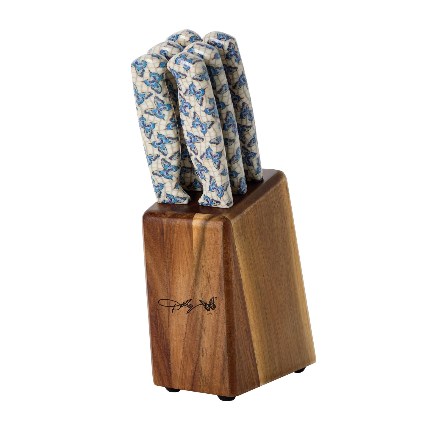 Dolly Parton 7-Piece Steak Knife Set with Blue Handles and Acacia Block for Storage
