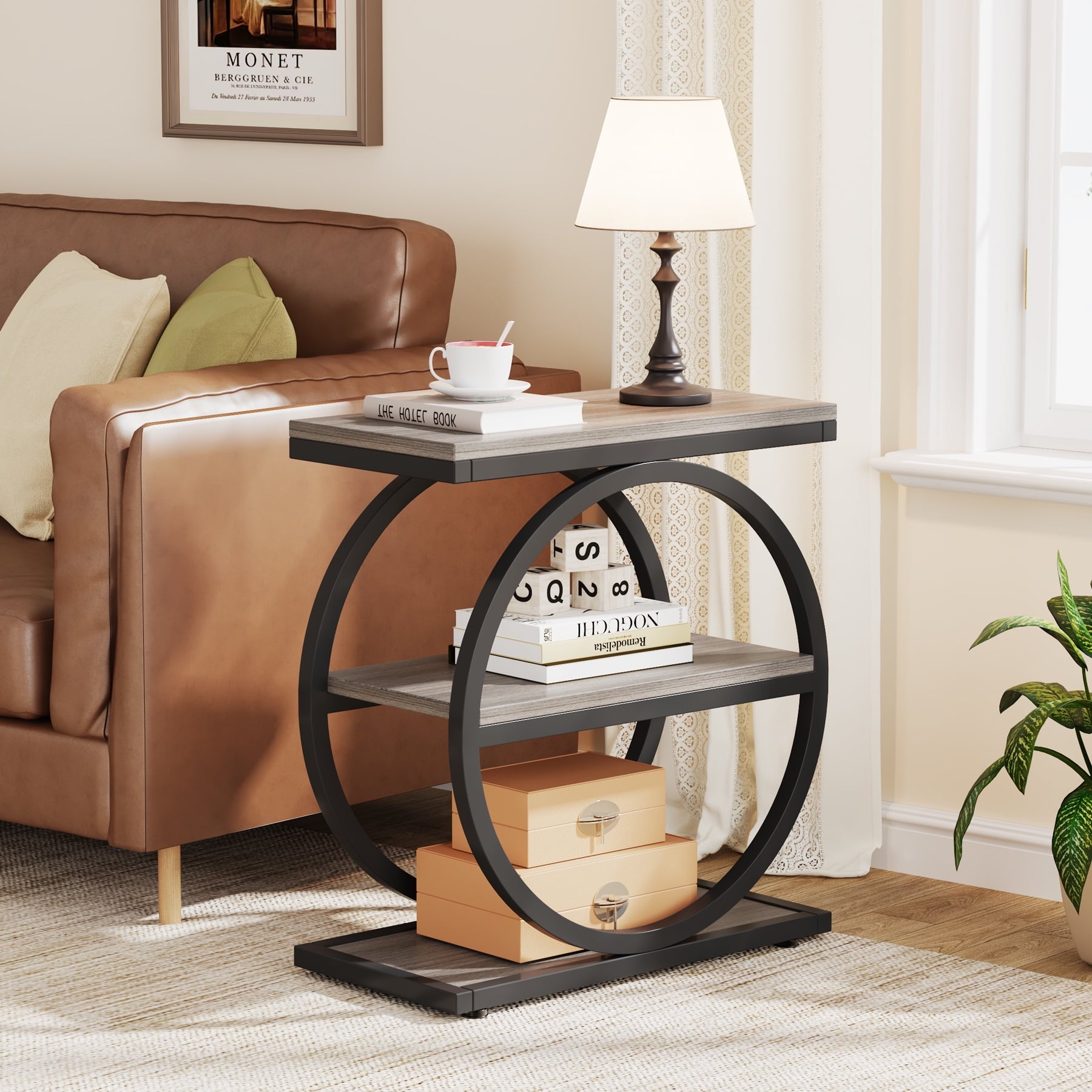 MAYEERTY 3-Tier Industrial End Table, Round Thick Metal Frame E1 MDF Storage Side Table, Multi-Purpose Sofa Nightstand for Indoor Outdoor