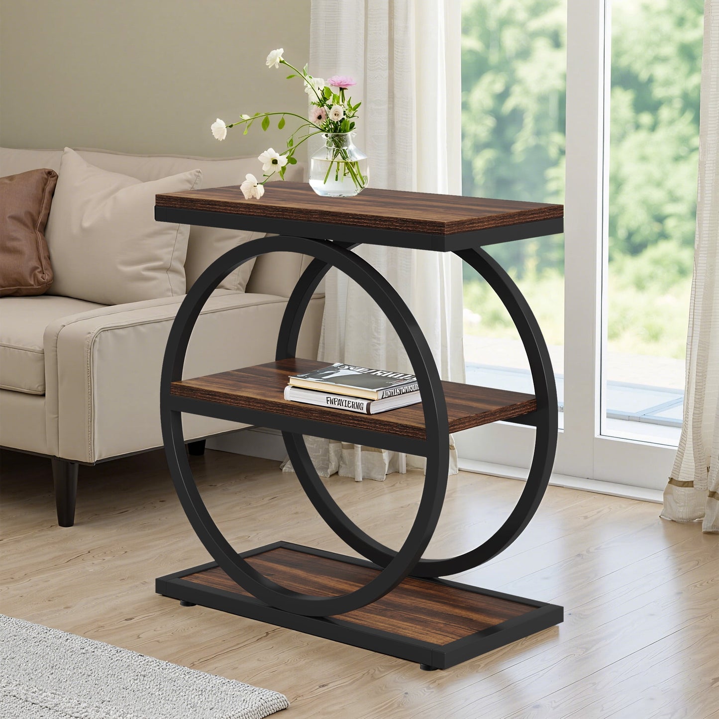 MAYEERTY Industrial 3-Tier Side Table, Slim End Table with Round Metal Frame, Suitable for Living Room, Bedroom and Outdoor Spaces