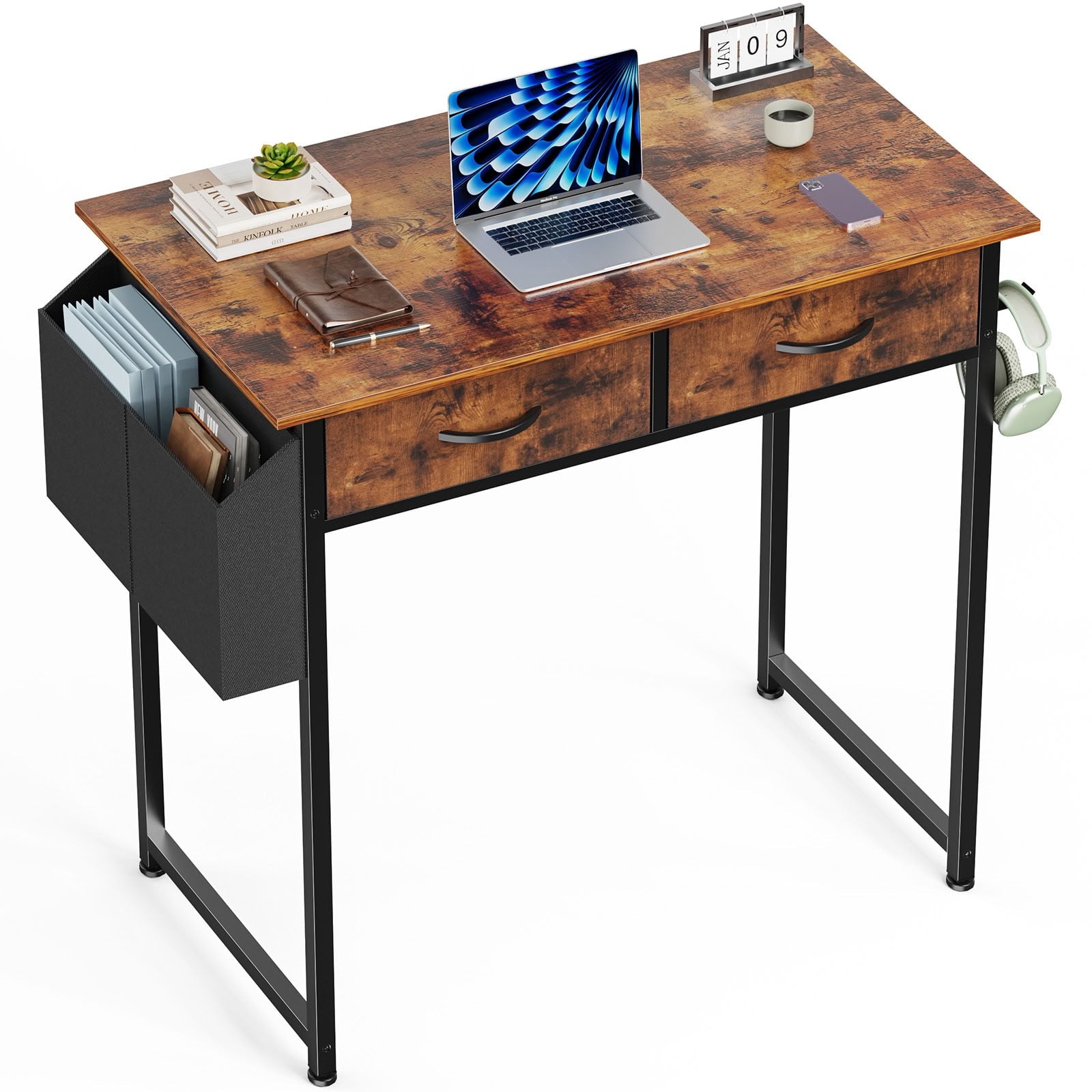 MAYEERTY 32 Inch Computer Desk with Drawers & Side Storage Bag, Metal Frame Writing Study PC Table with Headphone Hook, for Home Office Bedroom Vanity