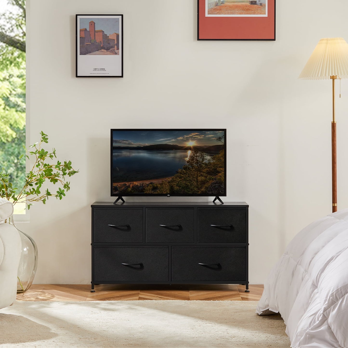 MAYEERTY 5 Drawers Dresser for Bedroom, Fabric Chest of Drawers Tall Storage Tower, Black