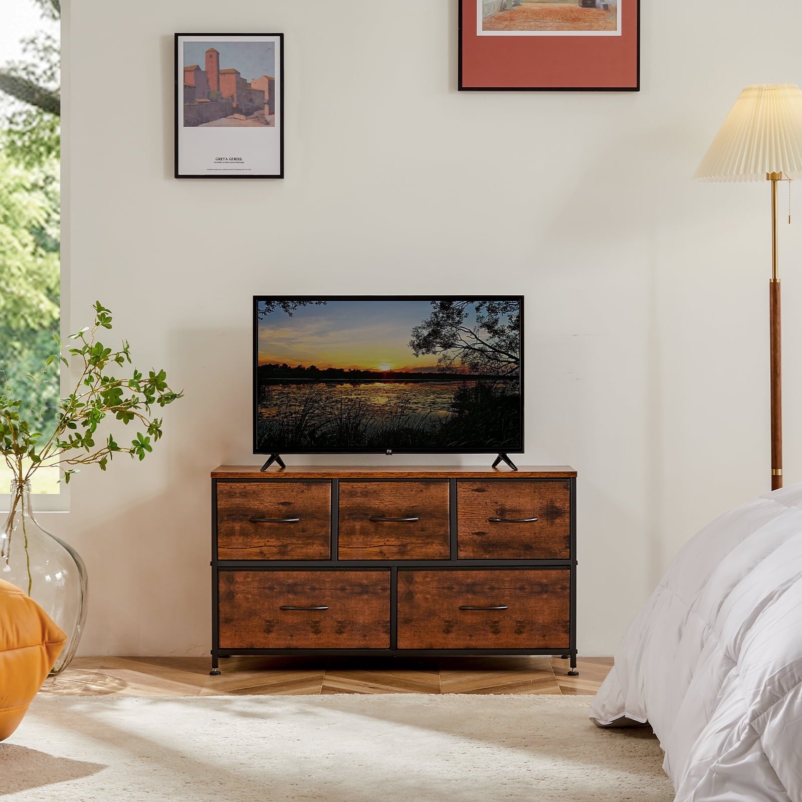 MAYEERTY 5 Drawers Dresser for Bedroom, Fabric Chest of Drawers Tall Storage Tower, Rustic