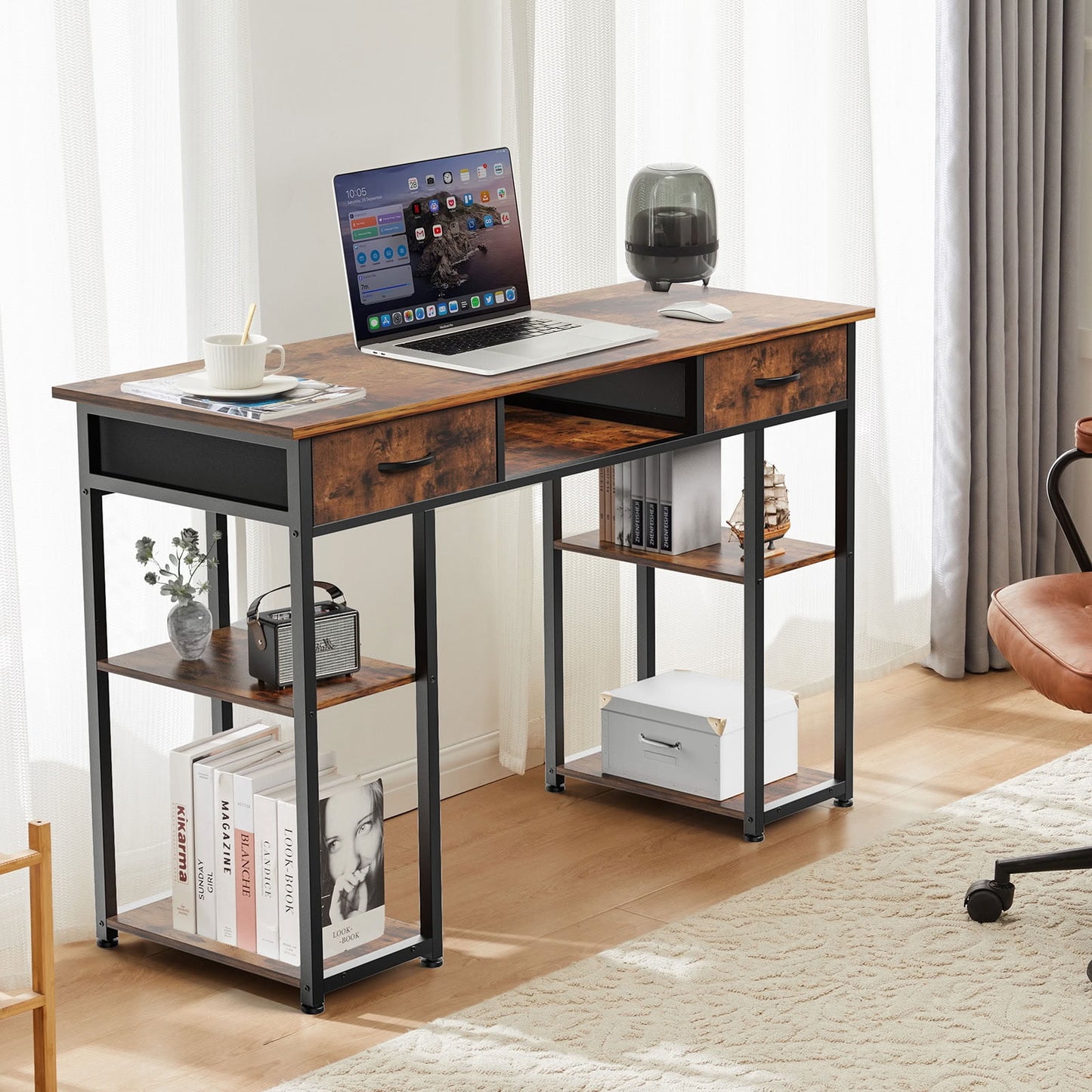 MAYEERTY 47 Inch Computer Desk with Detachable Drawer & Open Storage Shelves, Writing Work Table with Headset Hook, for Home Office Bedroom Study Vanity Craft Room