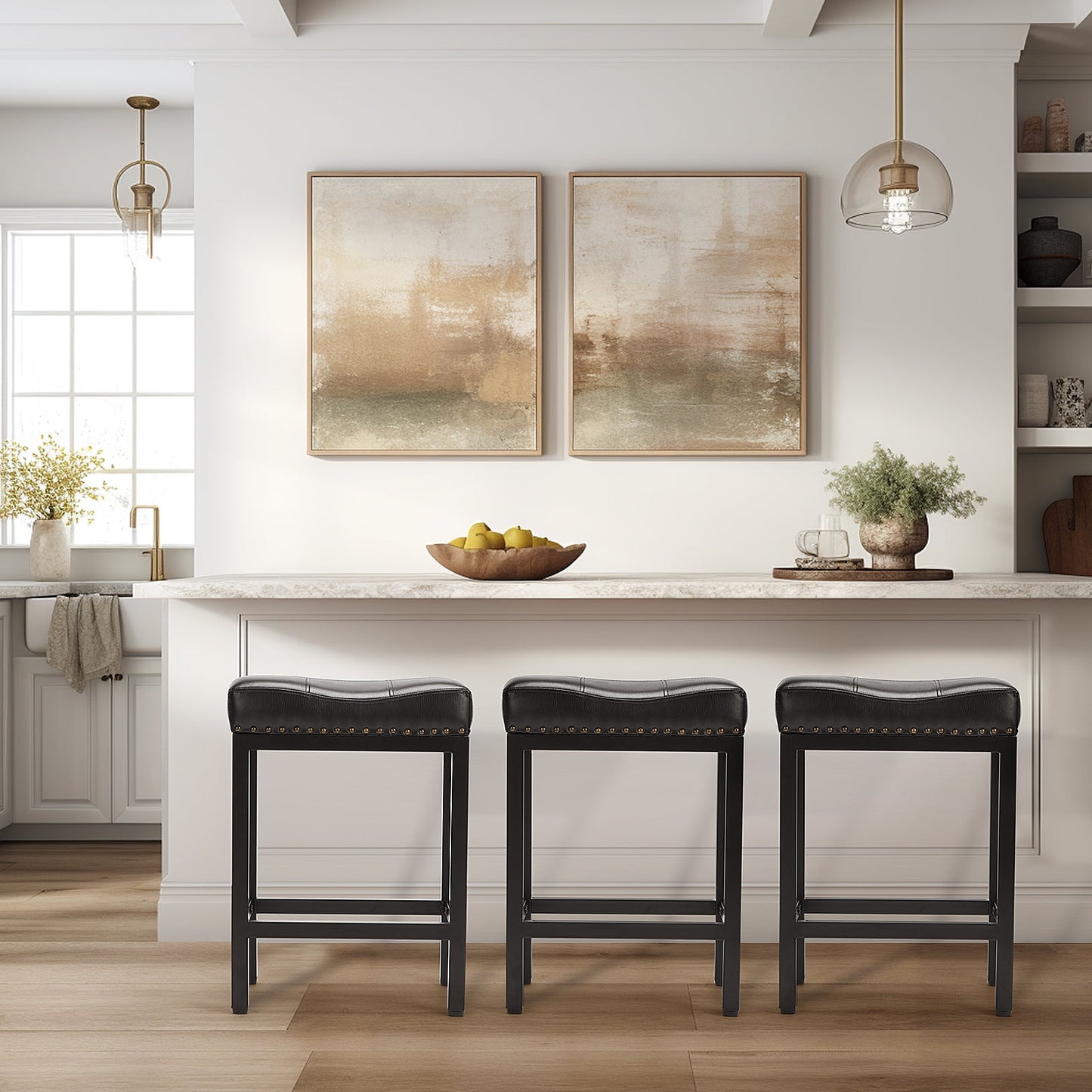 MAYEERTY Bar Stools Set of 2, Modern Counter Height, Kitchen Barstools with Metal Base, PU Leather Saddle Seats for Kitchen Island, Black