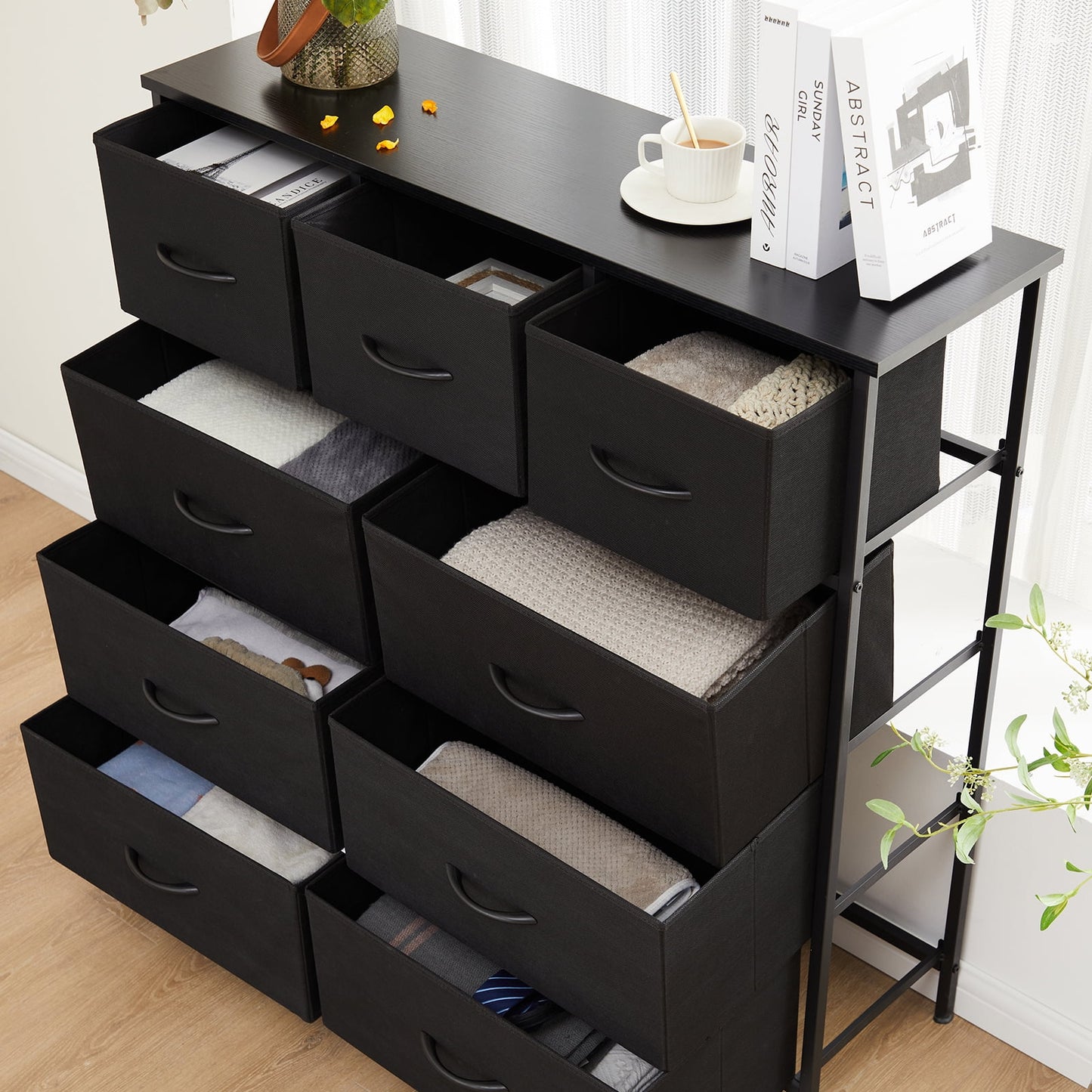 MAYEERTY Fabric Dresser with 9 Drawers for Storage and Organization, 39.4 Inch Tall Chest of Dresser, Black