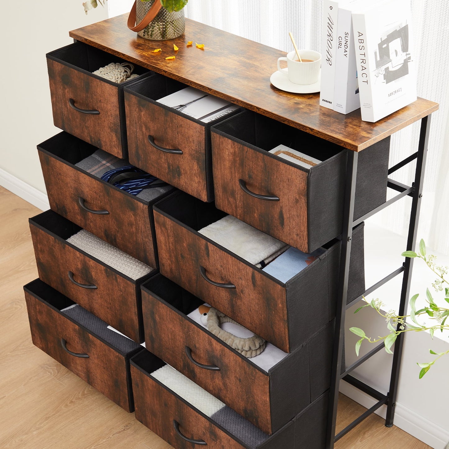 MAYEERTY Fabric Dresser with 9 Drawers for Storage and Organization, 39.4 Inch Tall Chest of Dresser, Rustic