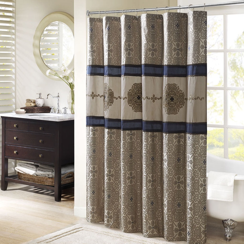MAYEERTY Navy Embroidered Shower Curtain with 12 pcs Hooks,72" x 72"