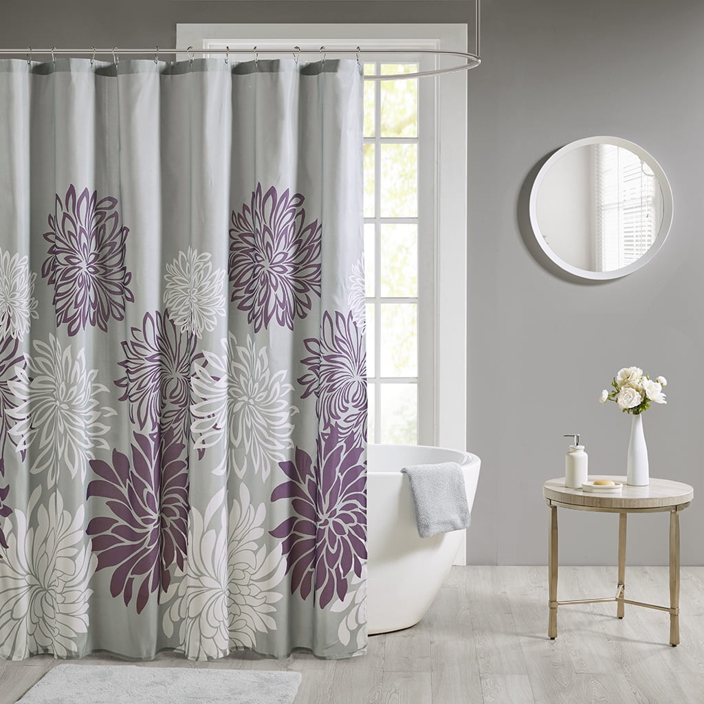 MAYEERTY Purple Printed Floral Bathroom Shower Curtains with 12 pcs Hooks,72" x 72"