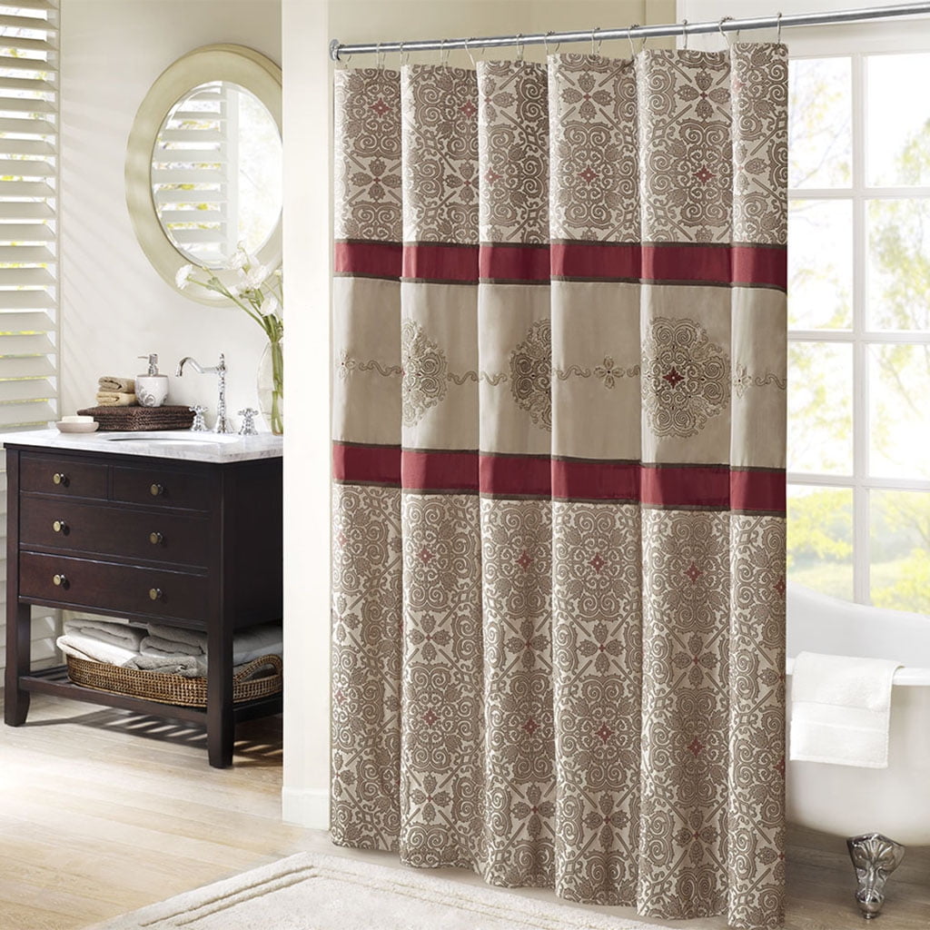 MAYEERTY Red Embroidered Shower Curtain with 12 pcs Hooks,72" x 72"