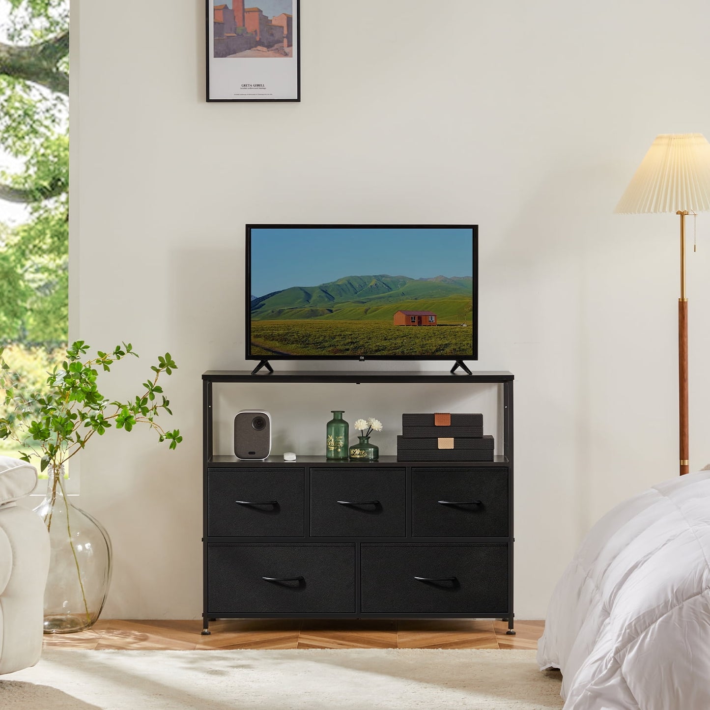 MAYEERTY TV Stand with Fabric Storage, Tower Storage Cabinet Dresser & Chest of 5 Drawers Organizer, Black