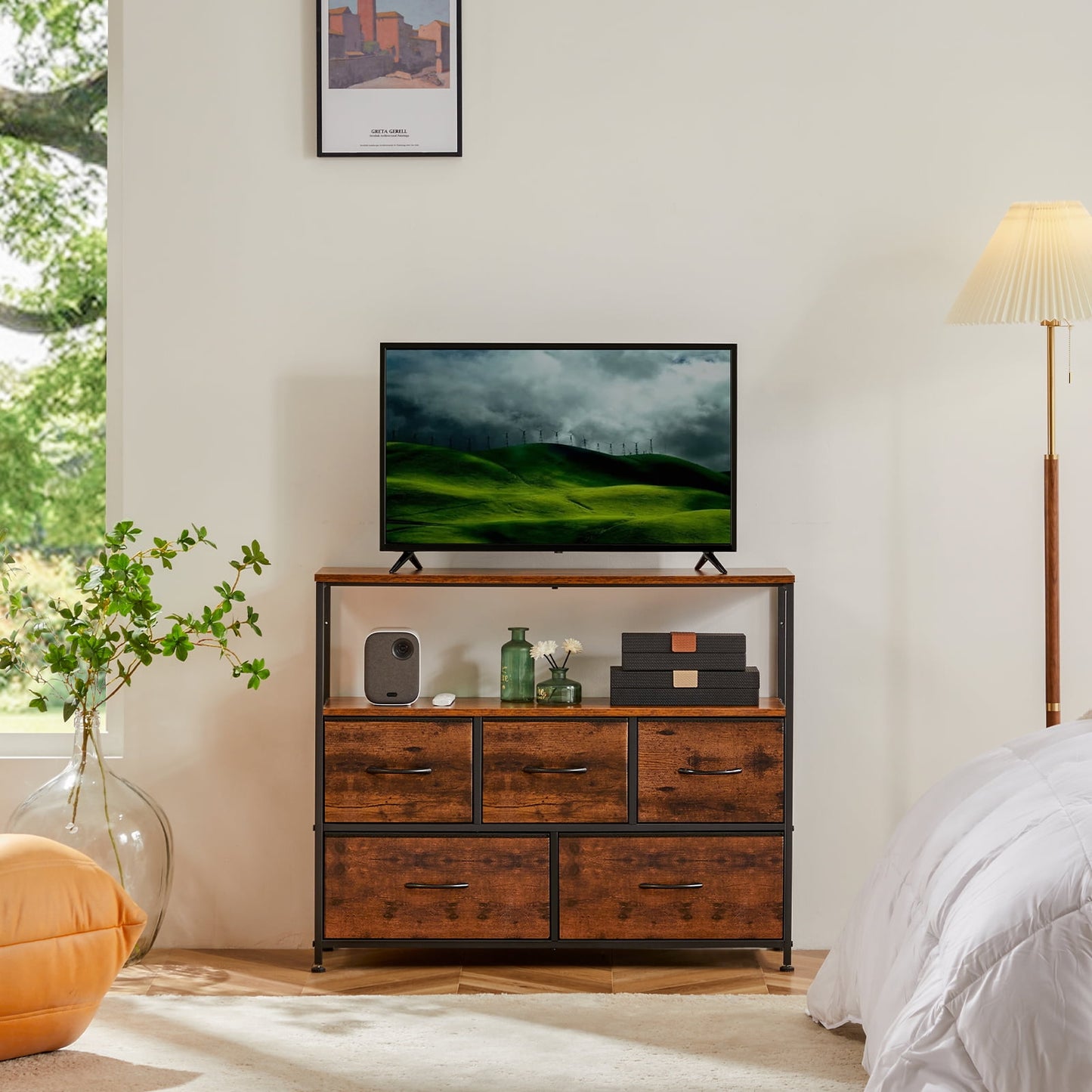 MAYEERTY TV Stand with Fabric Storage, Tower Storage Cabinet Dresser & Chest of 5 Drawers Organizer, Rustic