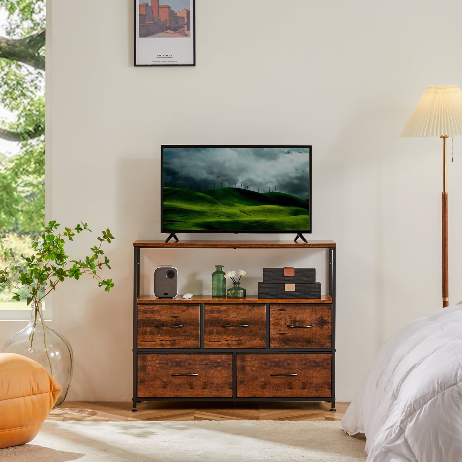 MAYEERTY TV Stand with Fabric Storage, Tower Storage Cabinet Dresser & Chest of 5 Drawers Organizer, Rustic