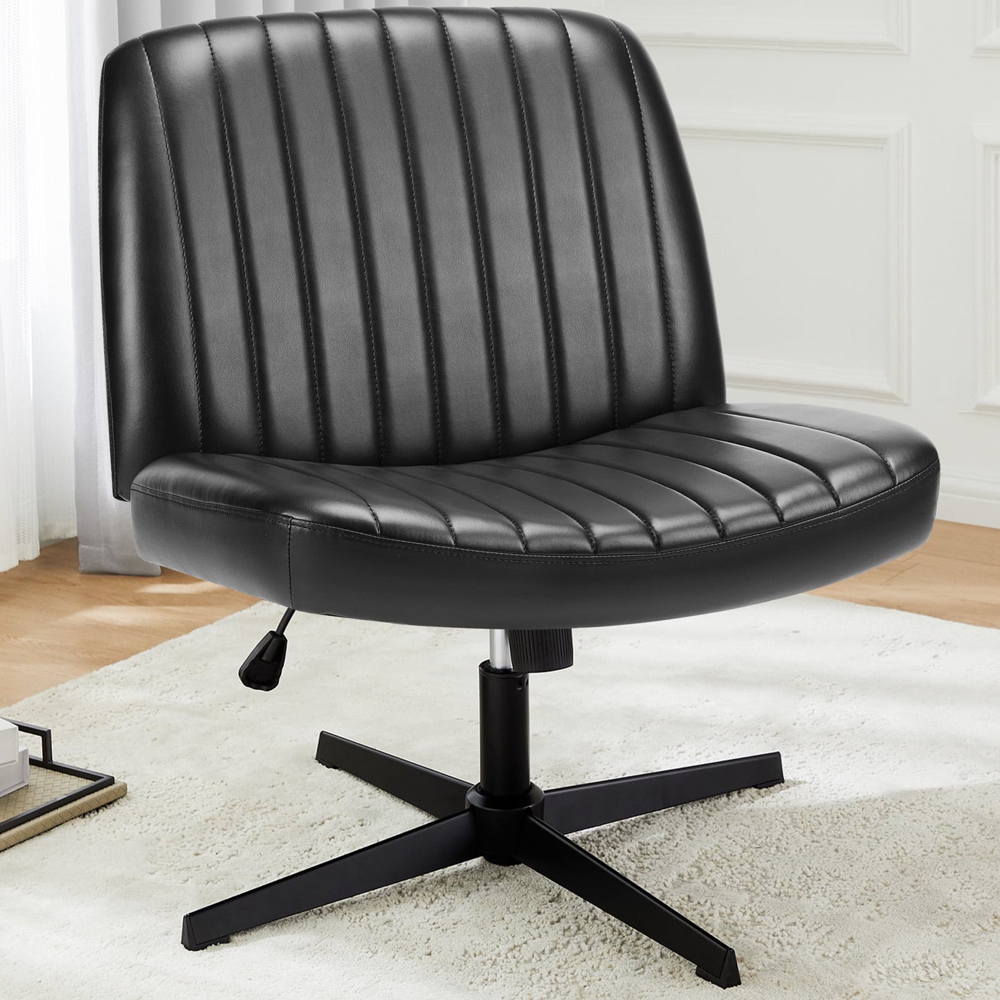 MAYEERTY Wide Desk Chair ï¼ŒNo Wheels Cross Legged Office Chair Armless Office Chairï¼ŒBlack