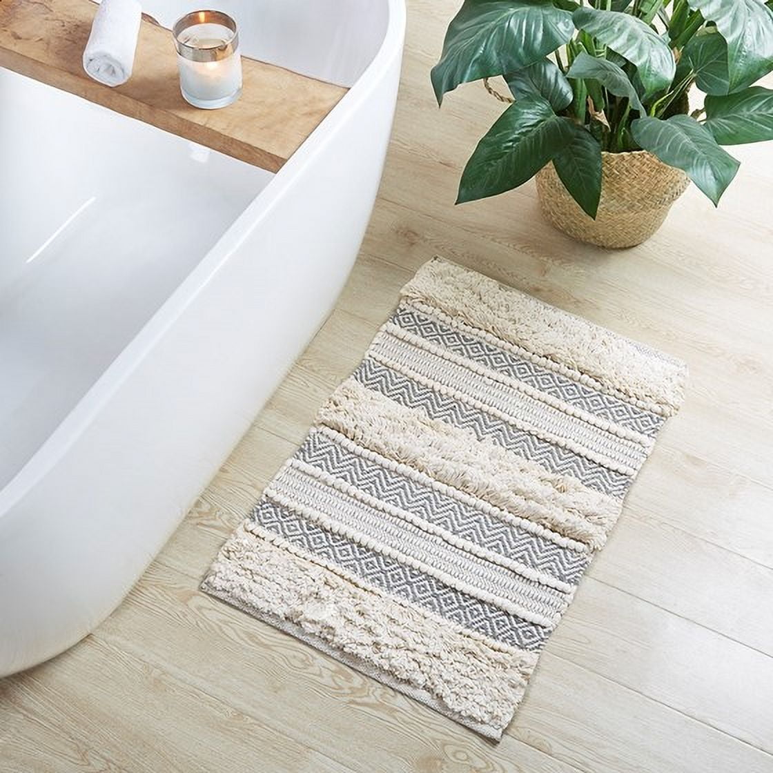 MAYEERTY Woven Texture Stripe Bath Rug Natural 22x58", Multicolor
