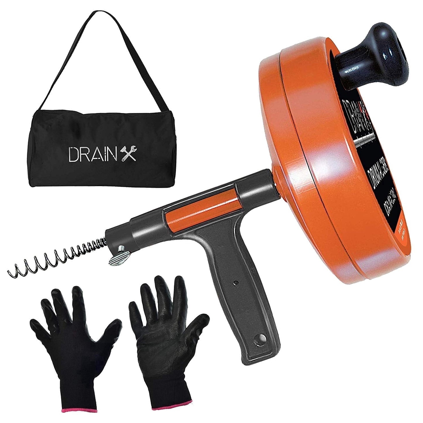 DrainX Pro Steel Drum Auger Plumbing Snake, Heavy Duty 25-ft Drain Cleaning Cable with Work Gloves and Storage Bag