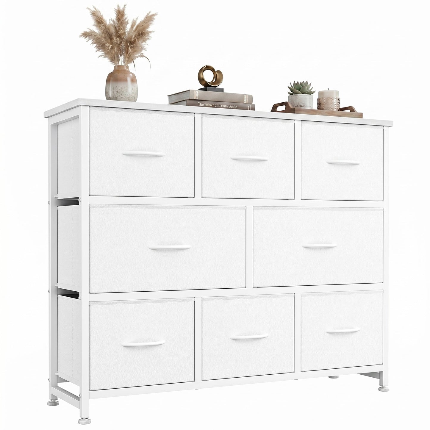 edx 8 Drawers Fabric Dresser, Chest of Drawers with Sturdy Steel Frame, Storage Organizer Cabinet for Bedroom, Living Room, Hallway, White