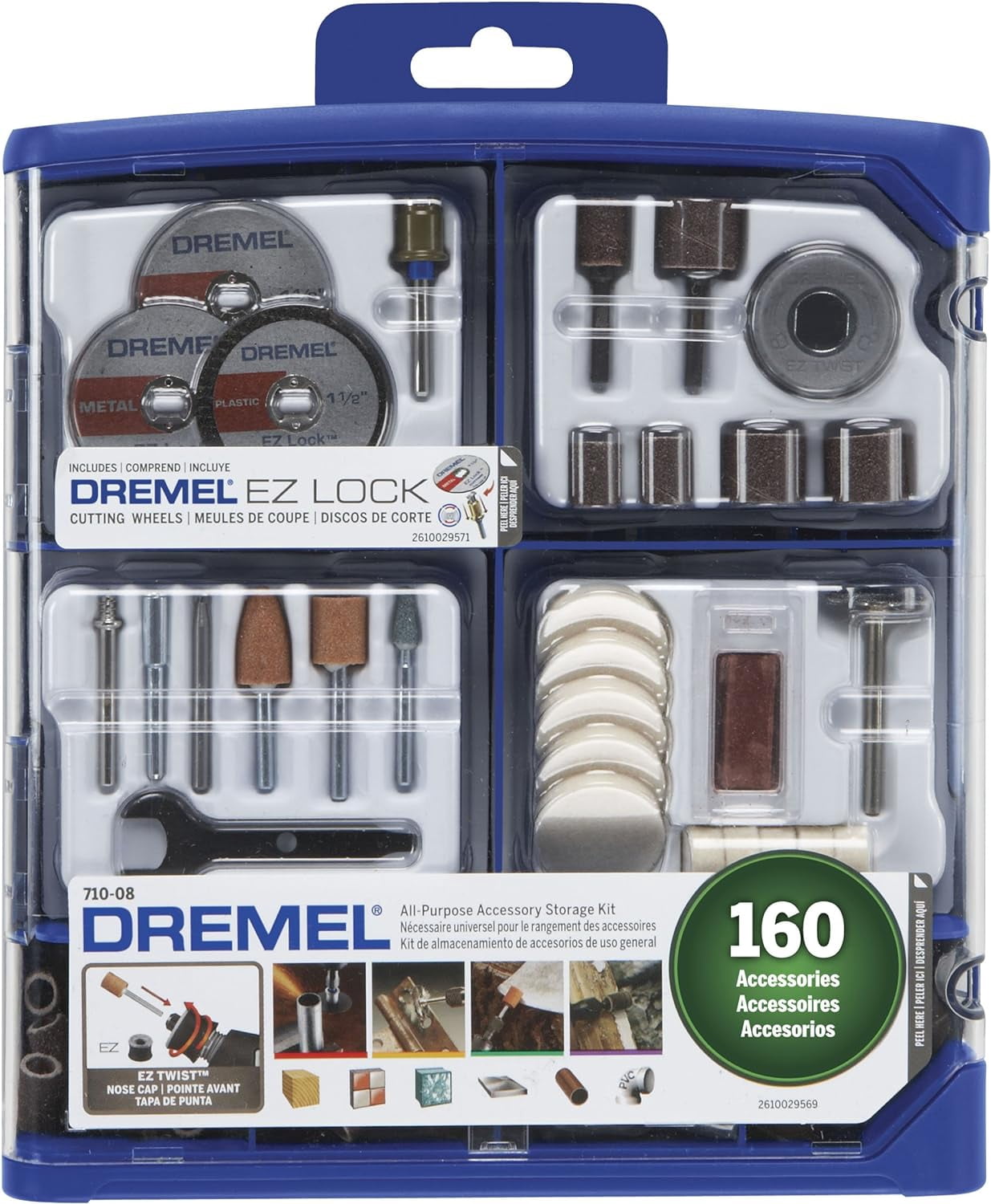 Dremel 710-08 160-Piece Rotary Tool Accessory Kit with Plastic Storage Case, EZ Lock Technology, Cutting Bits, Polishing Wheel and Compound, Sanding Disc and Drum, Carving, Sharpening, and Engraving