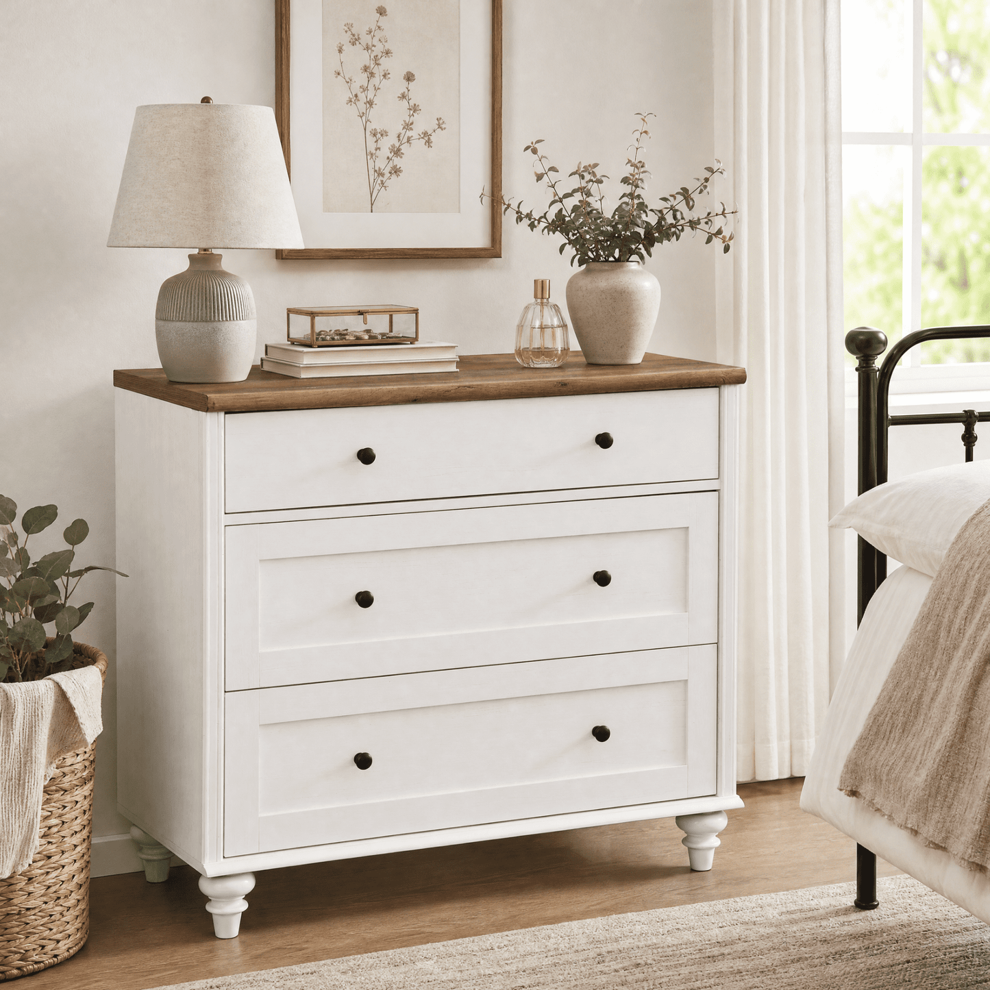 Dresser Cabinet with 3 Drawers, Mid-Century Modern Wooden Bedroom Closet Storage Organizer, Farmhouse Small Dressers Suitable for Living Room, Nursery, and Hallway, White, 34 inch