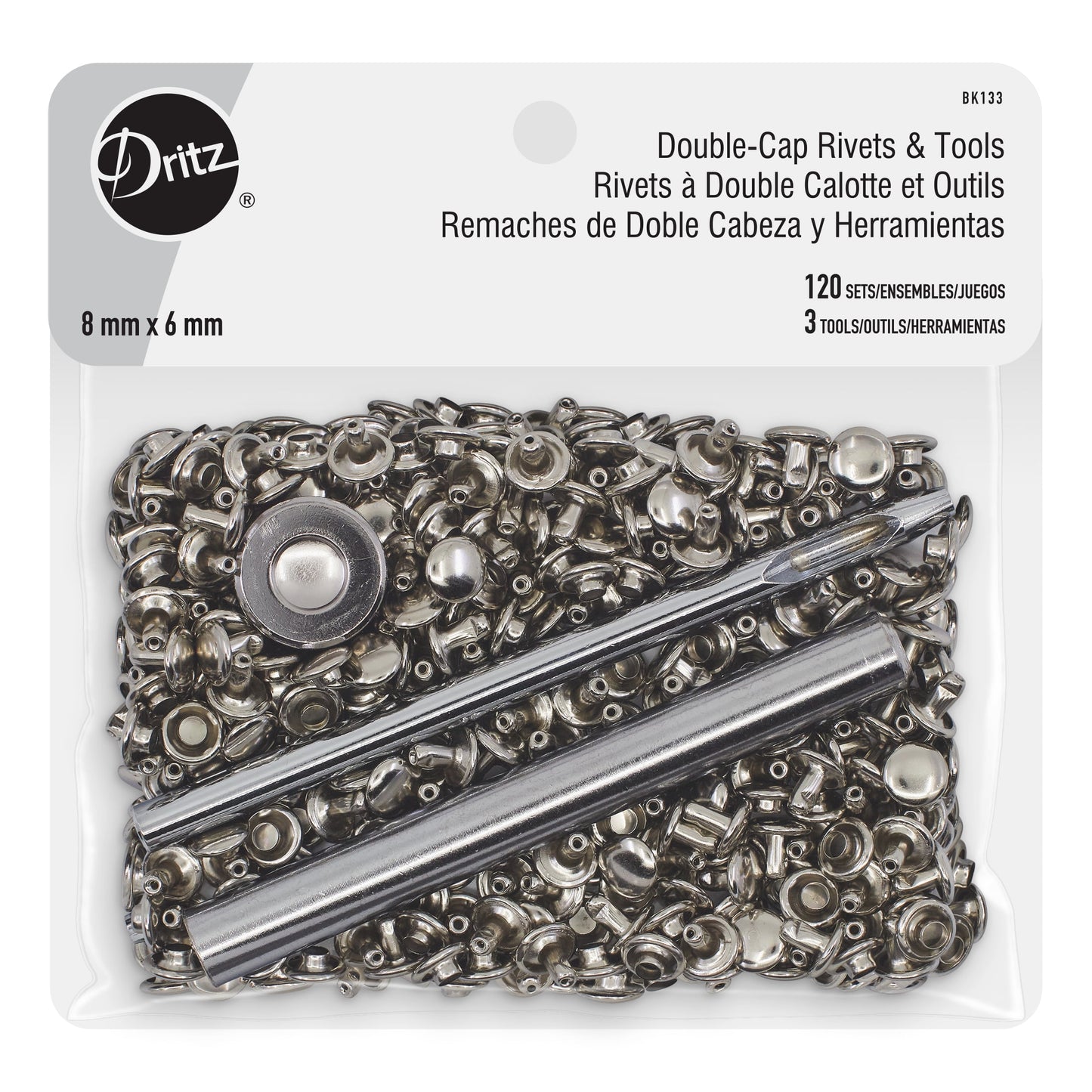 Dritz Double-Cap Rivets & Tools, 8 mm, Silver, 120 Sets