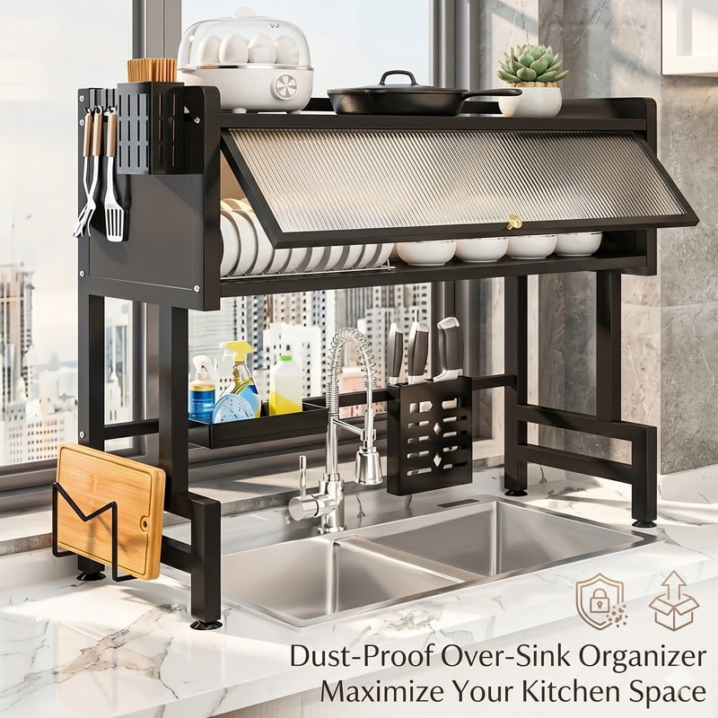 Dust-Proof Over Sink Dish Drying Rack with Cabinet Cover, Large Capacity Kitchen Organizer Drainer Shelf Space Saver with Utensil & Knife Holder, Anti-Rust Heavy Duty