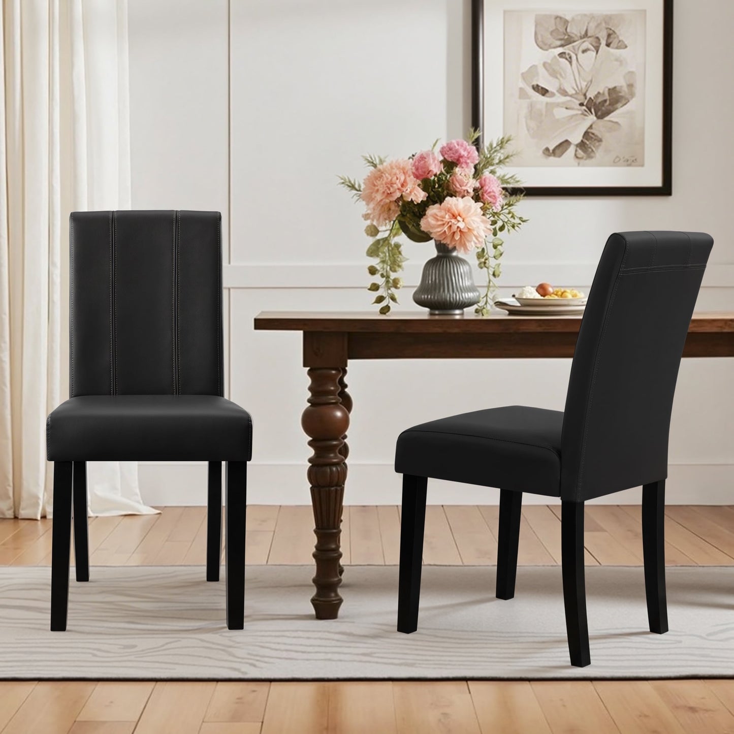 DyFun Modern Upholstered Dining Chairs Set of 2, Faux Leather Parsons Side Chairs with Upgraded Cushion for Dining Room, Black
