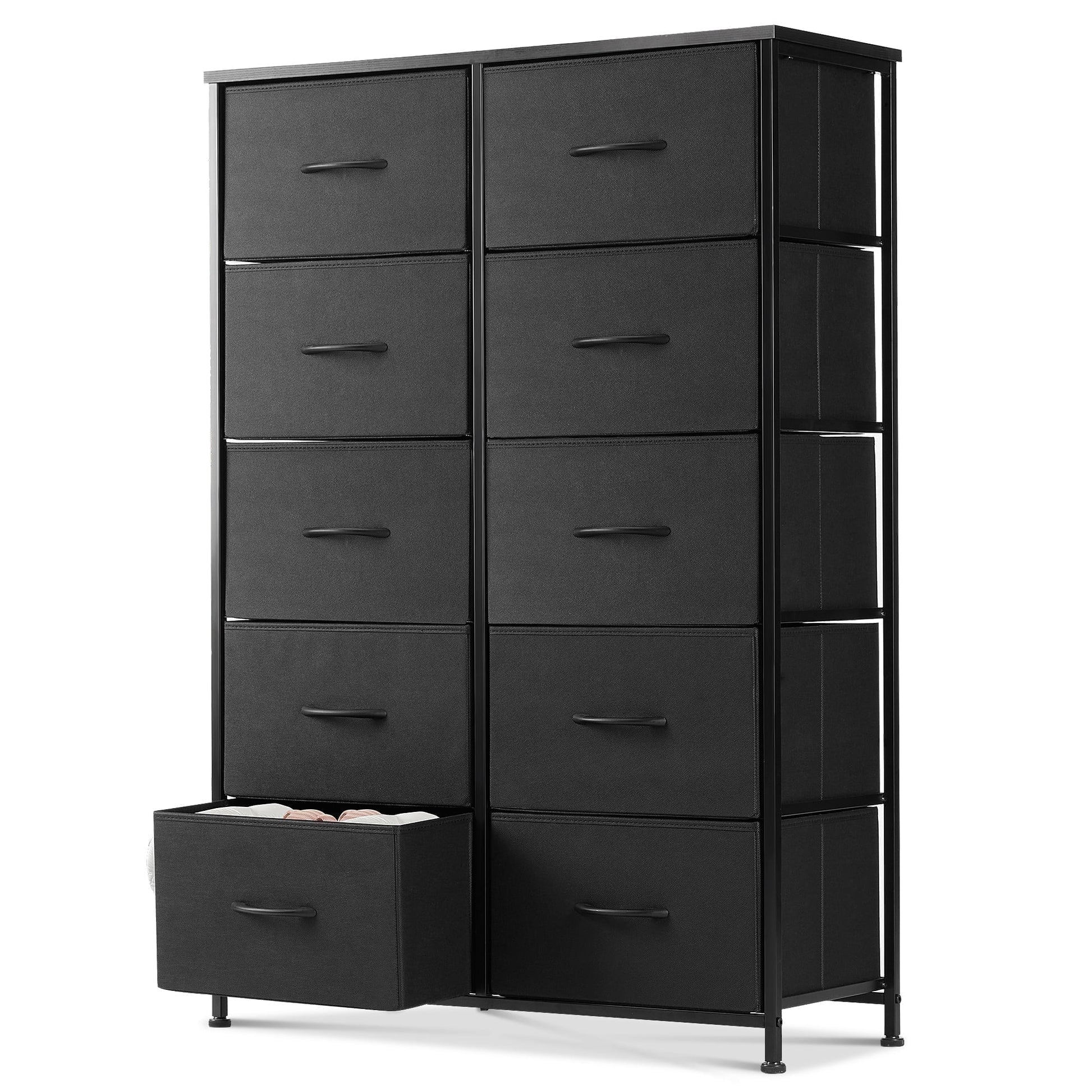 EDX 10 Drawer Dresser, Wide Chest of Drawers Nightstand Storage Tower Storage Fabric Dresser with Wood Top for Living Room, Bedroom, Hallway, Black
