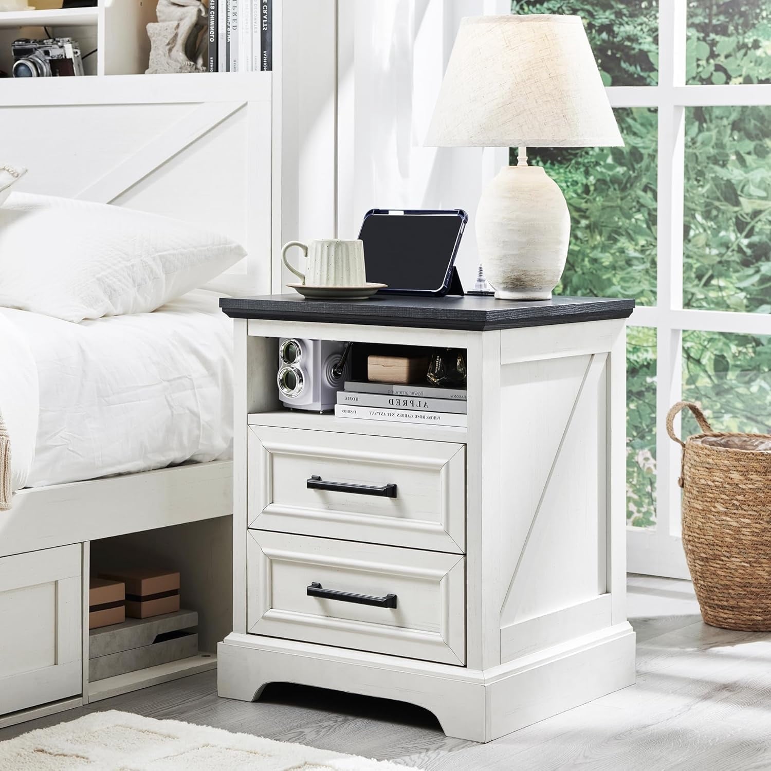 EDX 2 Drawers 24" Wood Nightstand with Drawers and Charging Station, Bedside Table for Bedroom or Living Room, White