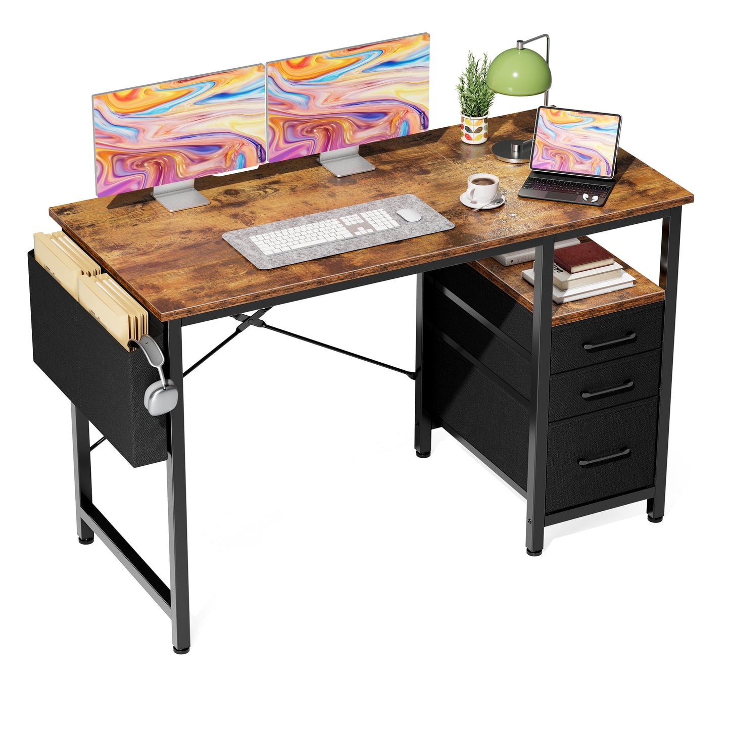 EDX 40 Inch Computer Desk with 3 Drawers, Writing Desk with Side Storage Pocket, for Home Office, Bedroom , Rustic Brown