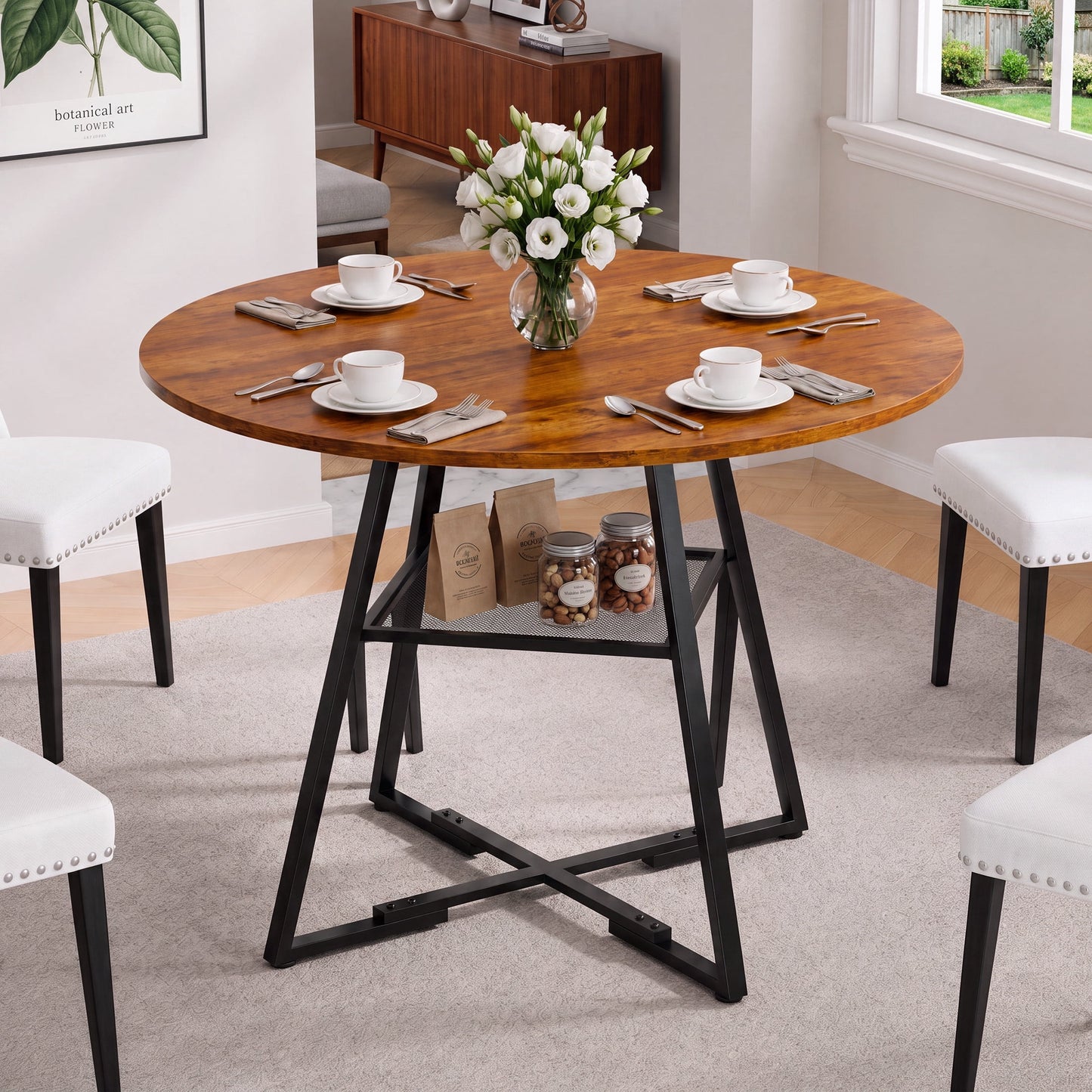 EDX 42In Round Dining Table for 4-6, Circle Kitchen Table with Pedestal Metal Frame Storage, Space Saving Farmhouse Wood Kitchen Table, for Kitchen, Living Room, Rustic Brown
