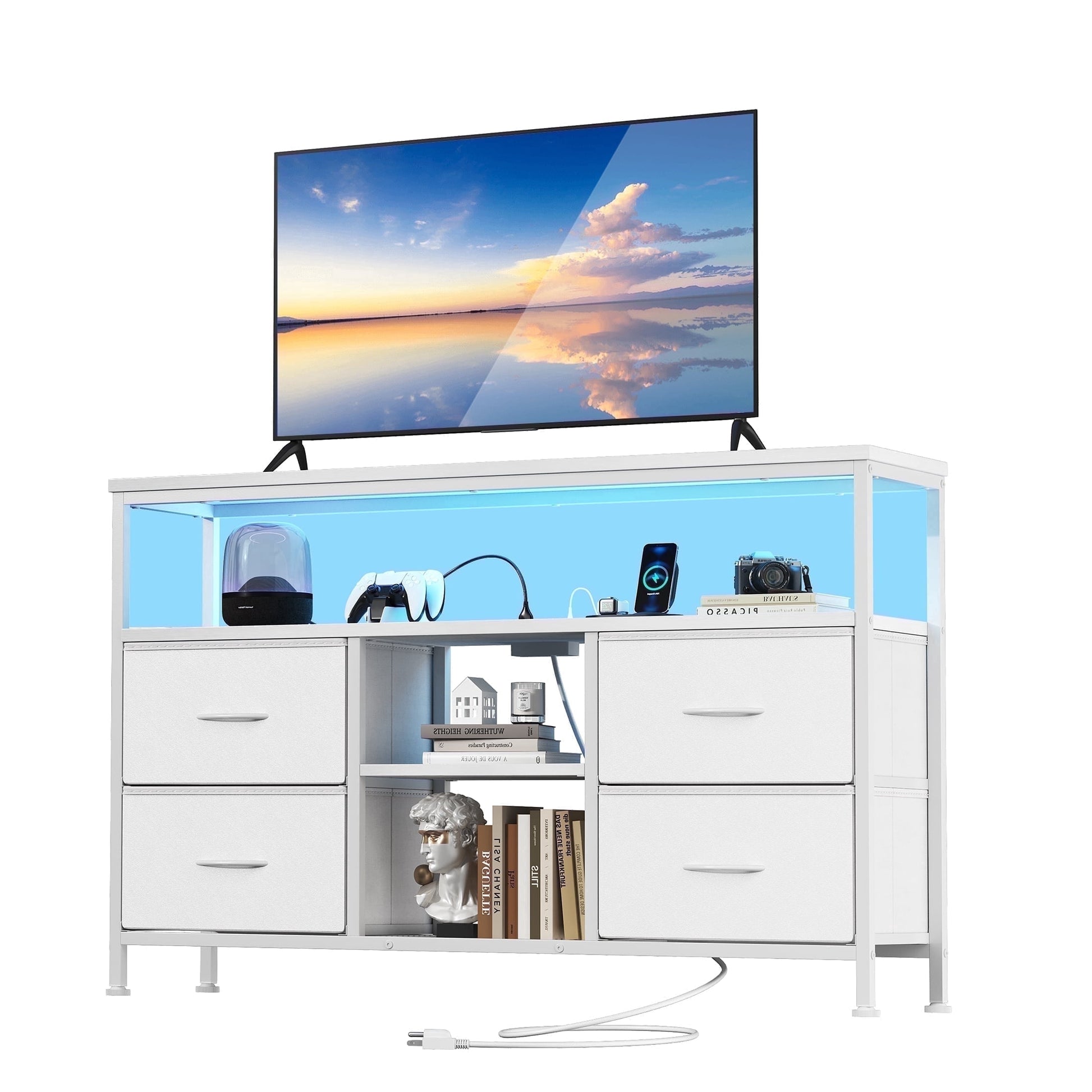 EDX TV Stand with Power Outlets and LED Light for 43-inch TV, Double-layer 4 Fabric Drawers for Living Room/Bedroom, White
