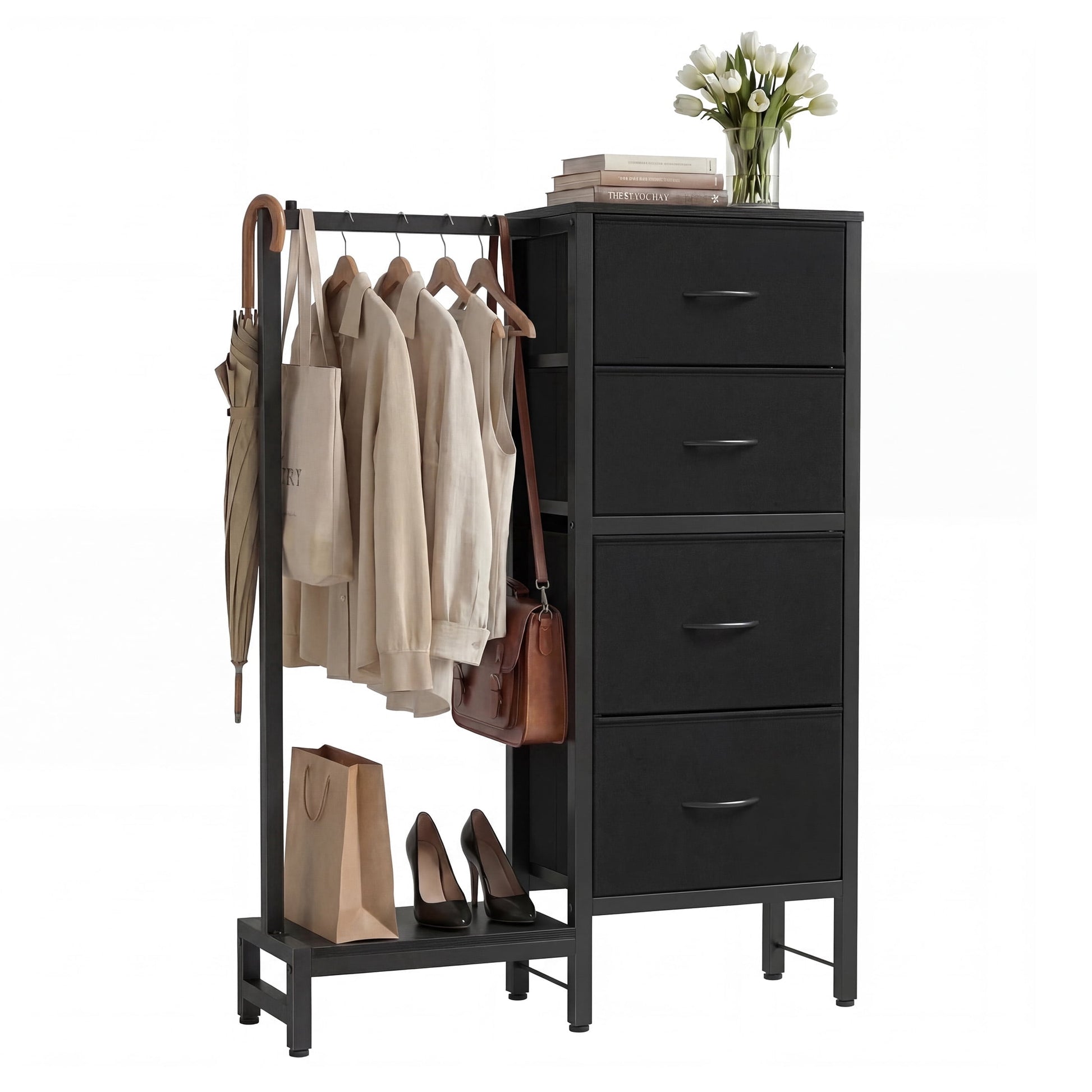 EDX 44"H Dresser with Hanging Rack, 4 Drawers Small Closet for Bedroom, Can be assembled by flipping left and righte Clothes Rack, Sturdy Frame, Black
