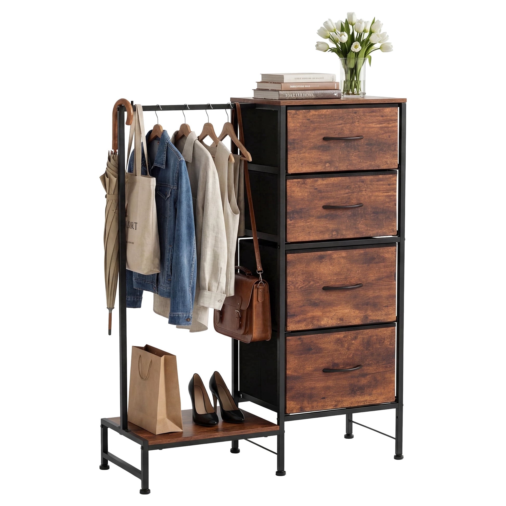 EDX 44"H Dresser with Hanging Rack, 4 Drawers Small Closet for Bedroom, Can be assembled by flipping left and righte Clothes Rack,Sturdy Frame,Rustic Brown