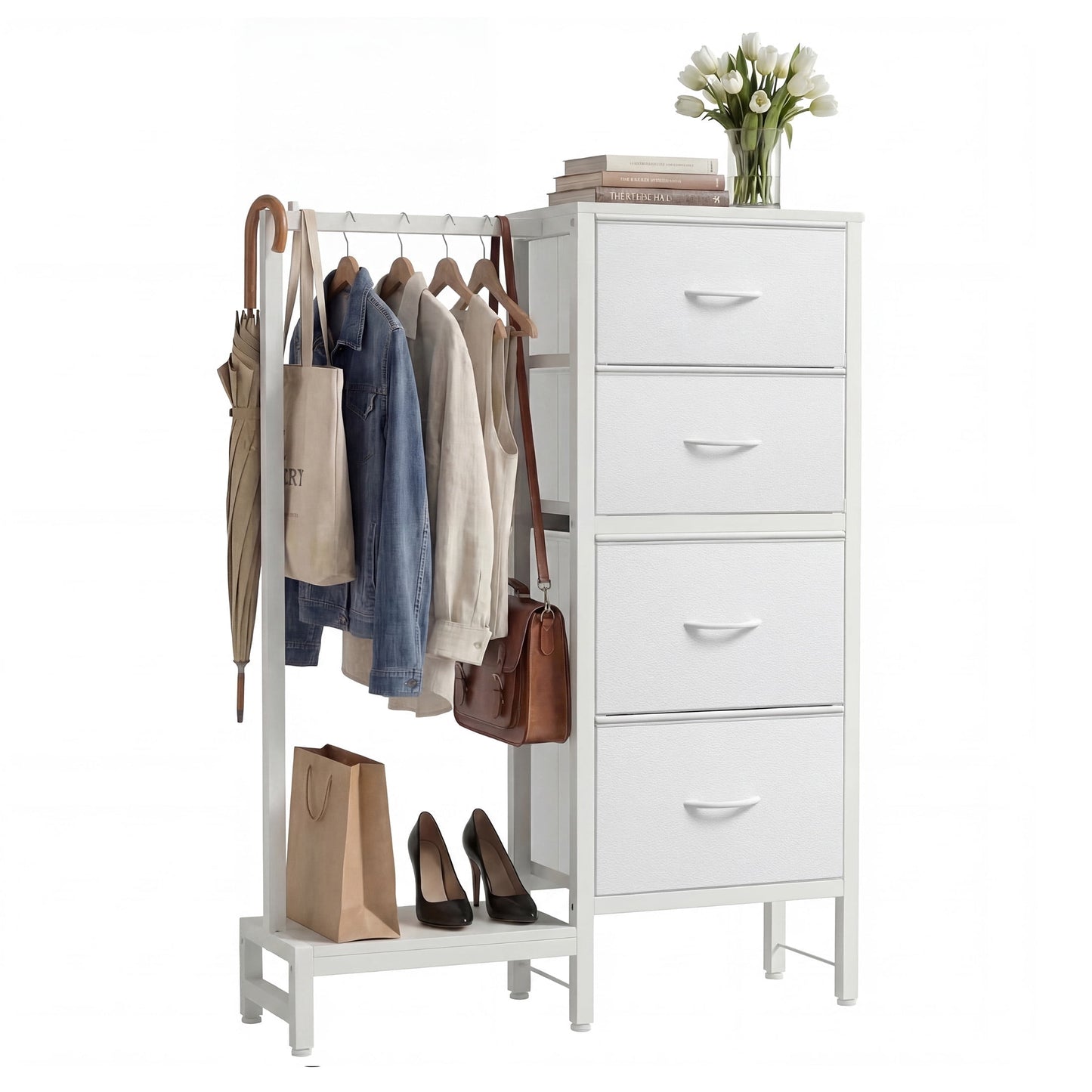 EDX 44"H Dresser with Hanging Rack, 4 Drawers Small Closet for Bedroom, Can be assembled by flipping left and righte Clothes Rack, Sturdy Frame, White