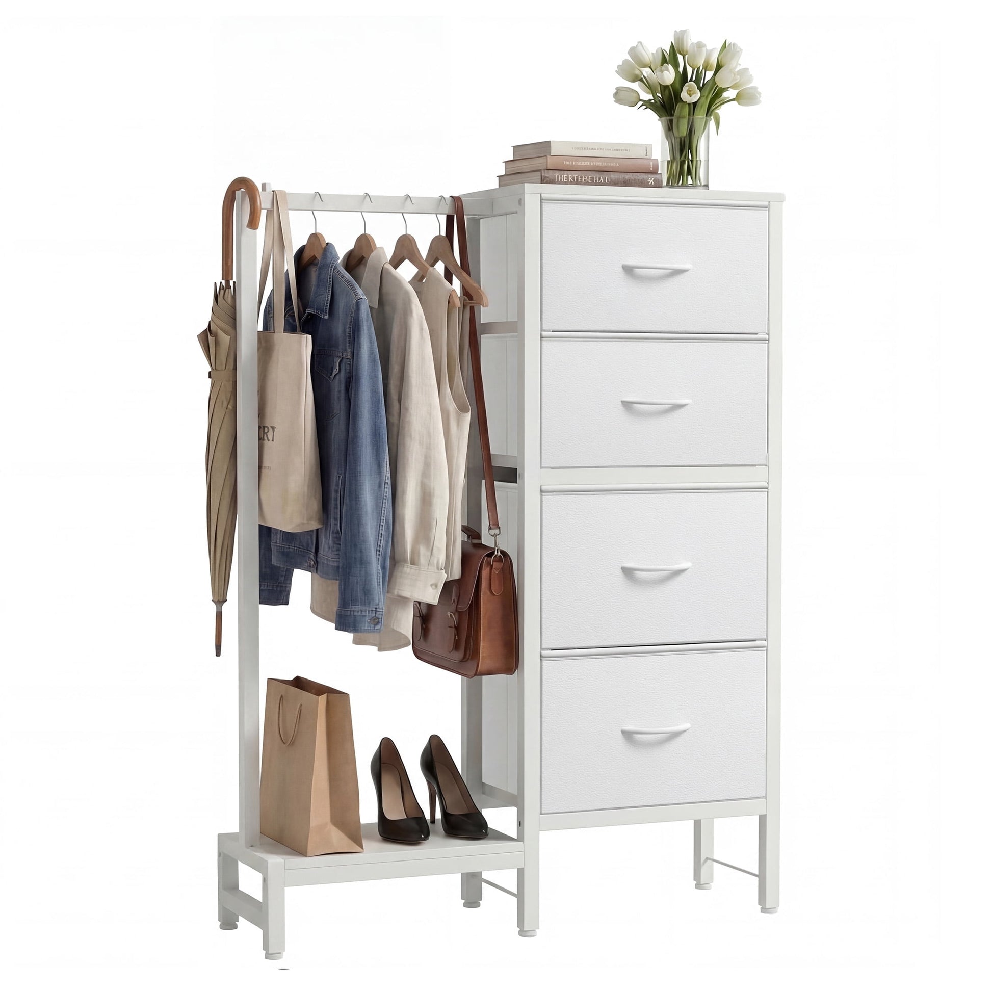EDX 47.2" H Dresser for Bedroom with Hanging Rack, 6 Drawers Dresser with LED Lights & Charging Station, Fabric Dressers & Chest of Drawers with Rack, Wooden Top, Grid Panel,Gray