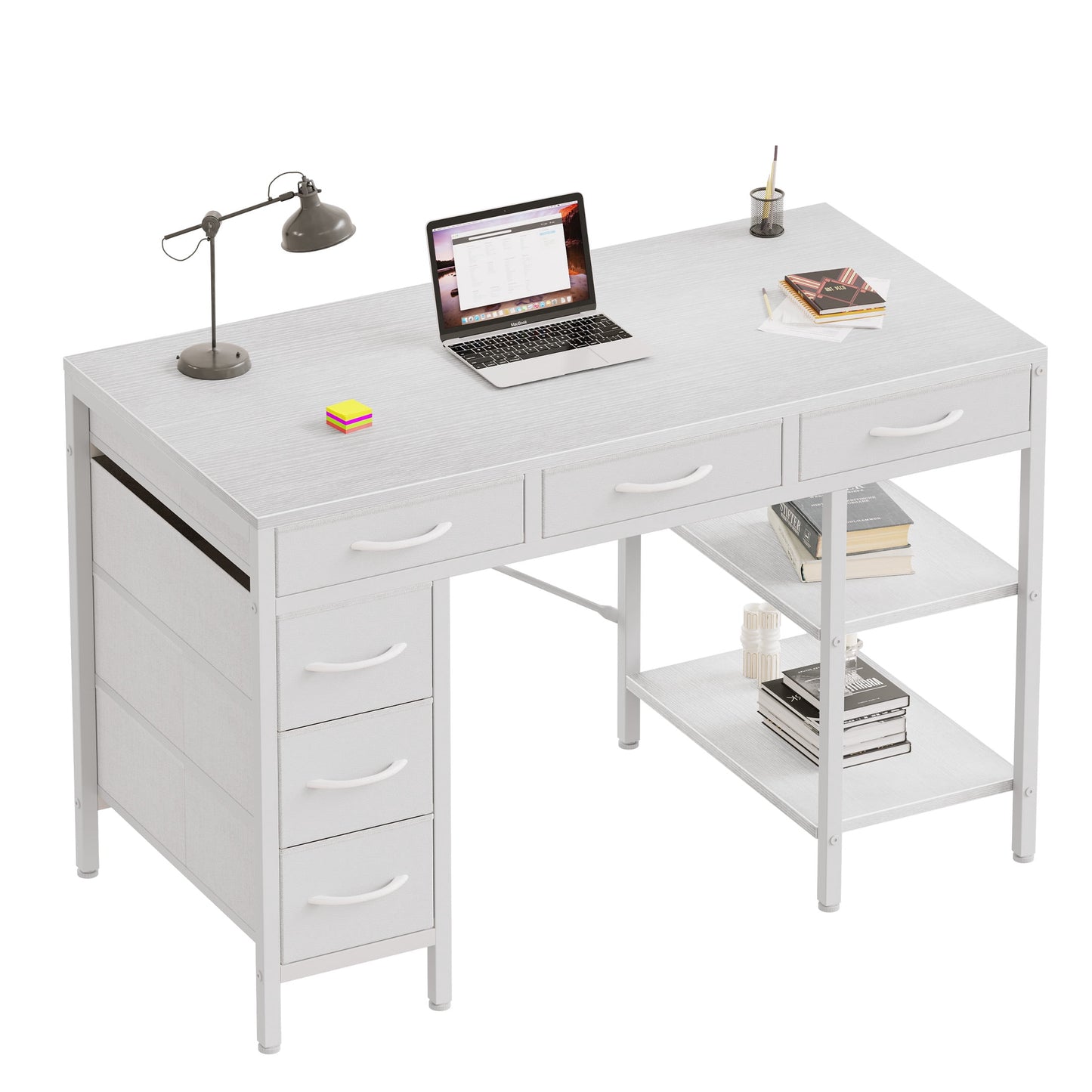 EDX 47 Inch Computer Desk with Fabric Drawers & Storage Shelves,Small Home Office Desk Study Table for Home office Bedroom,White