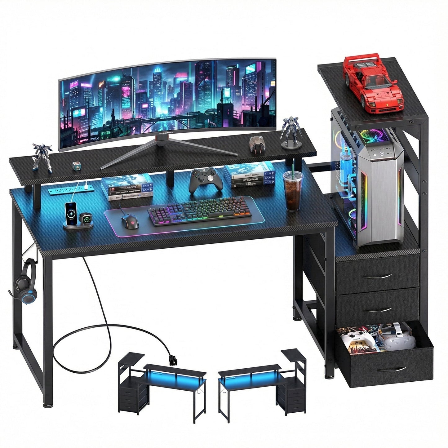 edx 52" Gaming Desk, USB Ports & LED Lights, Reversible Table with Monitor Stand for Home Office, Carbon Fiber Black