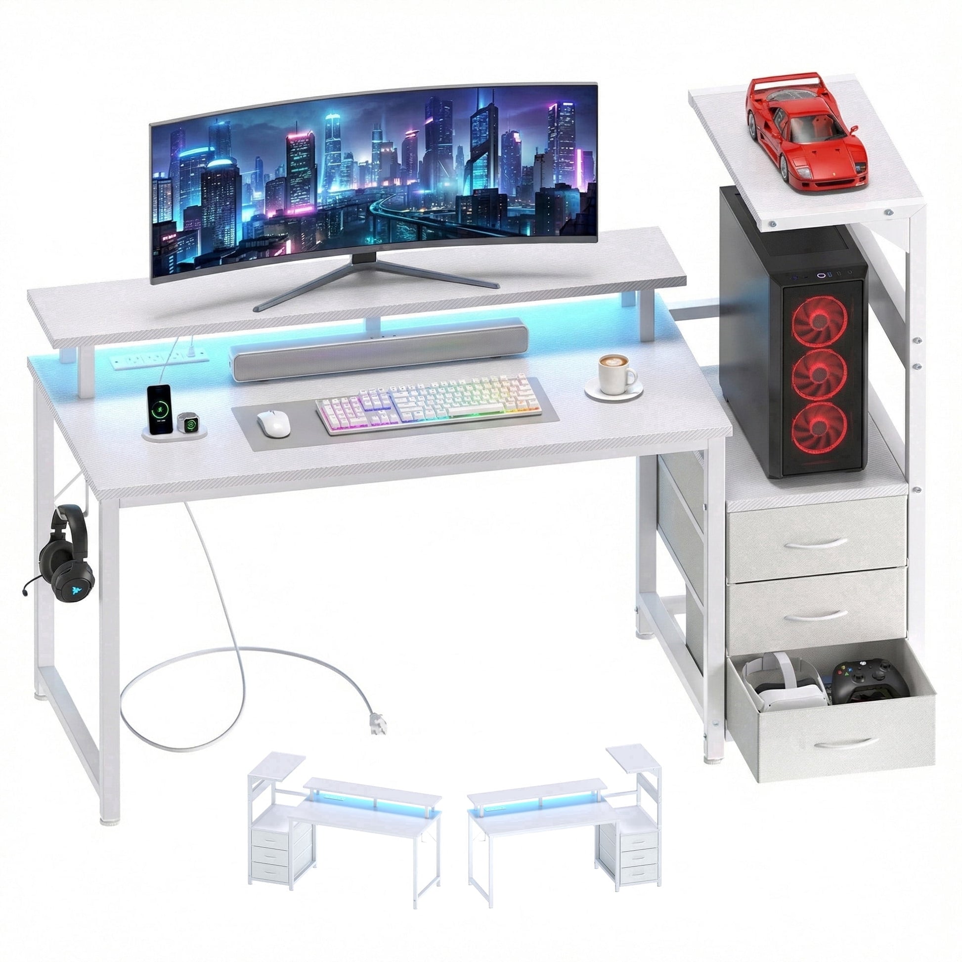 Edx 52" Gaming Desk, USB Ports & LED Lights, Reversible Table with Monitor Stand for Home Office, Carbon Fiber White